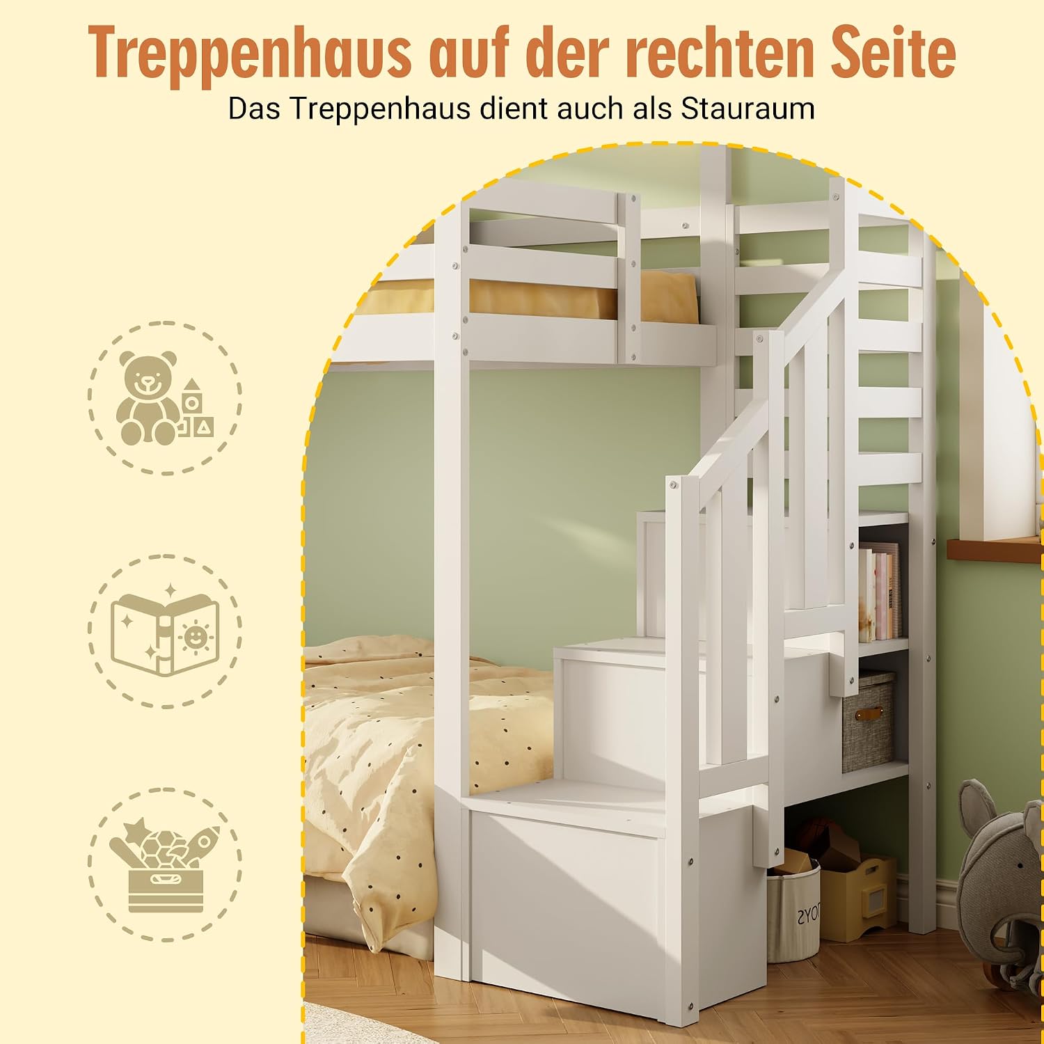 Merax Hochbett 90x200 cm, mit Rausfallschutz und Stauraumtreppe, Jugendbett mit Hausdesign und Fenster, platzsparendes Etagenbett für Kinderzimmer, Weiß (ohne Matratze) — Ansicht 5