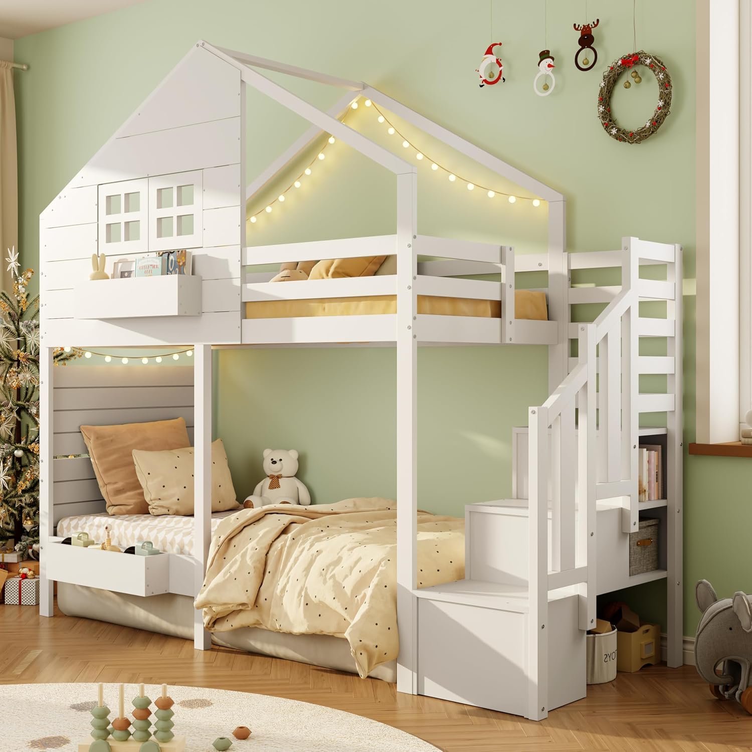 Merax Hochbett 90x200 cm, mit Rausfallschutz und Stauraumtreppe, Jugendbett mit Hausdesign und Fenster, platzsparendes Etagenbett für Kinderzimmer, Weiß (ohne Matratze)