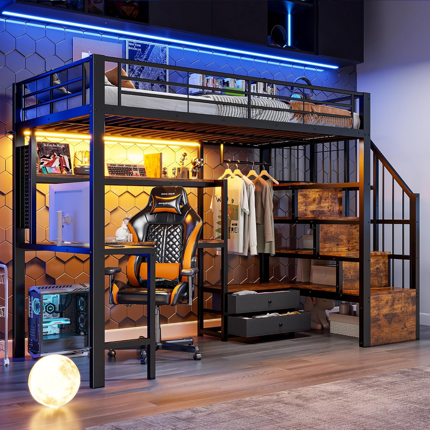 Merax Hochbett 90x200 cm mit Schreibtisch und Treppe, Loft Bett mit Stauraum, 2 Schubladen, LED Beleuchtung, Metallbett mit Kleiderstange und Regal, Jugendbett ohne Matratze, Schwarz — Ansicht 3