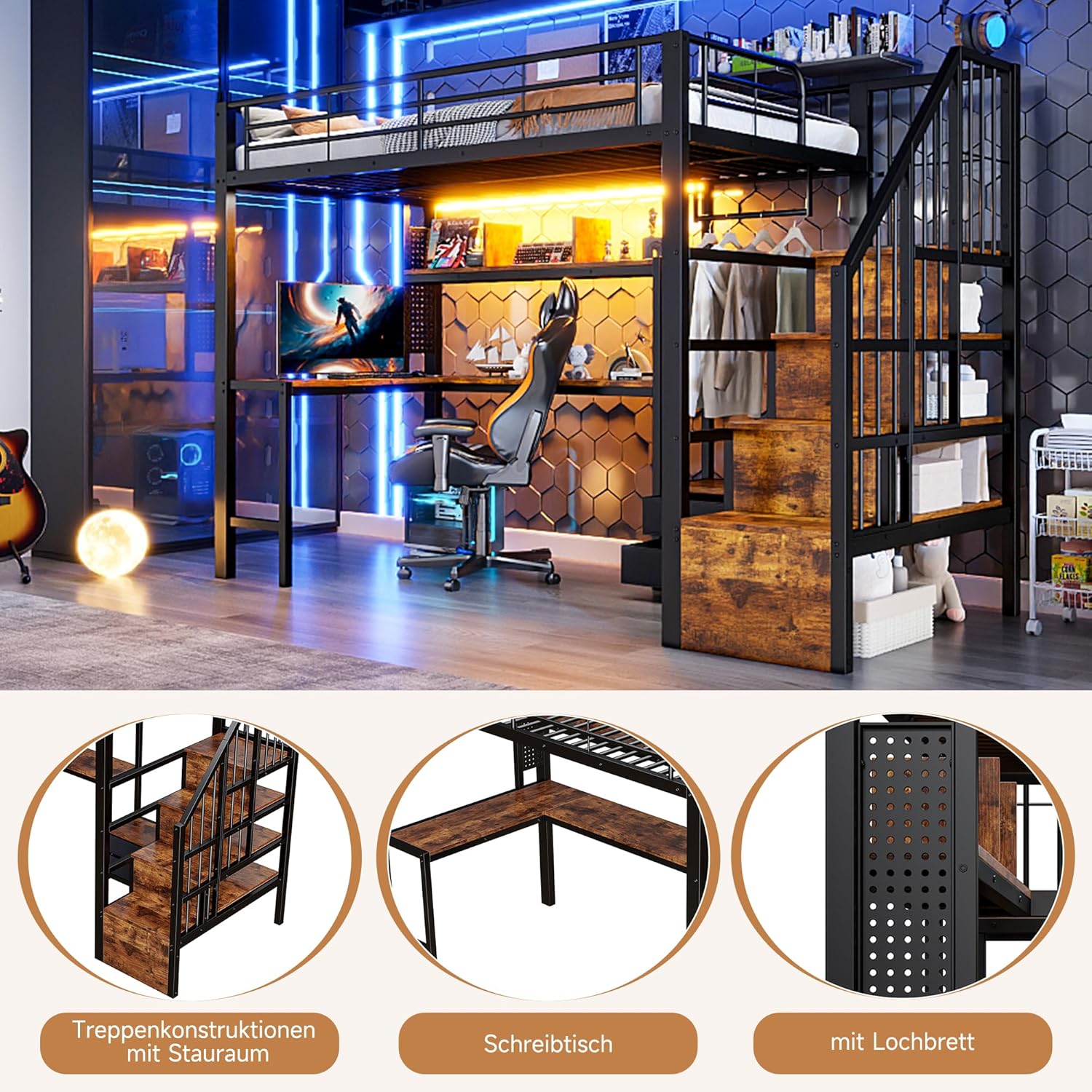 Merax Hochbett 90x200 cm mit Schreibtisch und Treppe, Loft Bett mit Stauraum, 2 Schubladen, LED Beleuchtung, Metallbett mit Kleiderstange und Regal, Jugendbett ohne Matratze, Schwarz — Ansicht 5