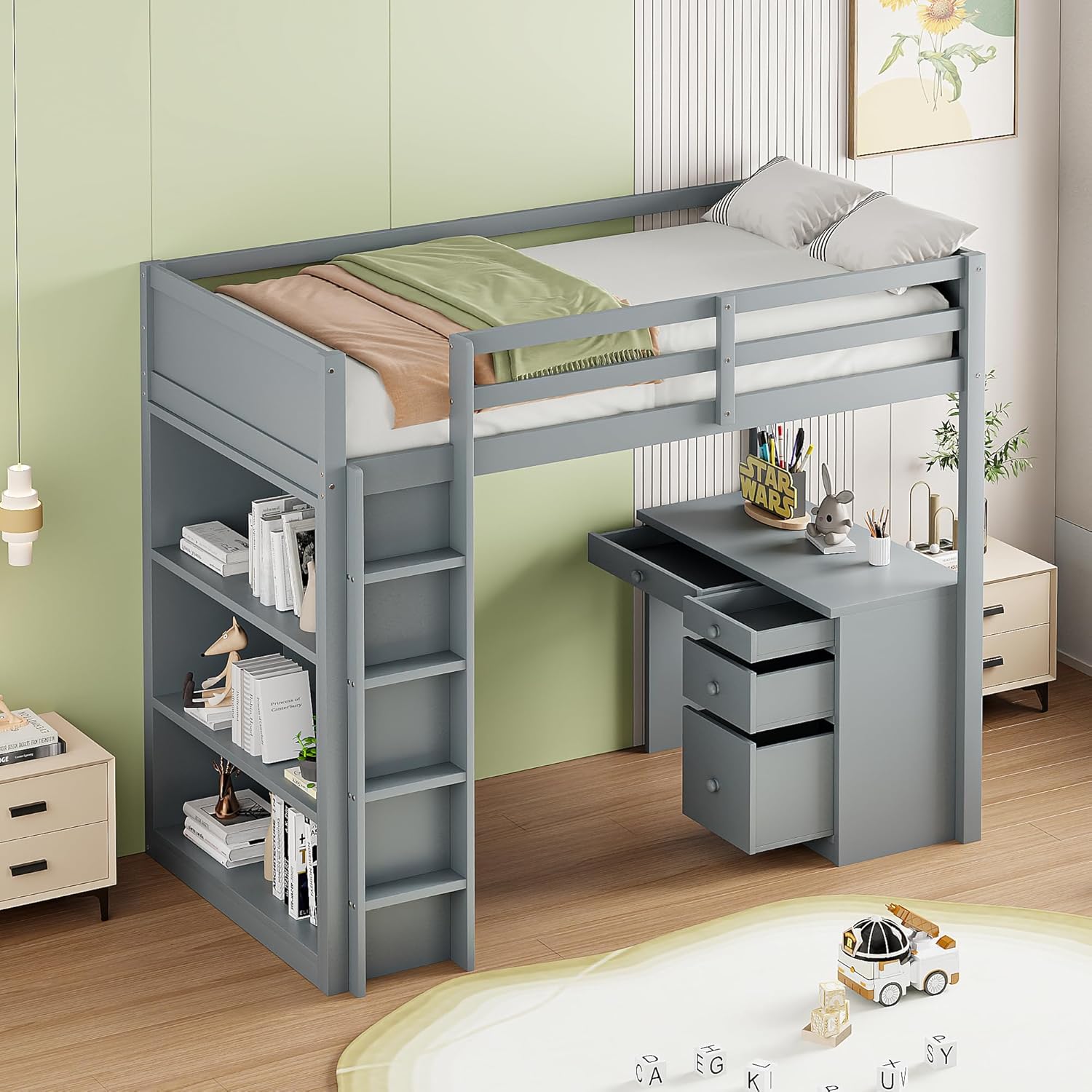Merax Hochbett 90x200cm, Holz Kinderbett mit Schreibtisch & Schubladen, multifunktionales Etagenbett mit Regal, für Jungen, Mädchen, Grau (Ohne Matratze) — Ansicht 3