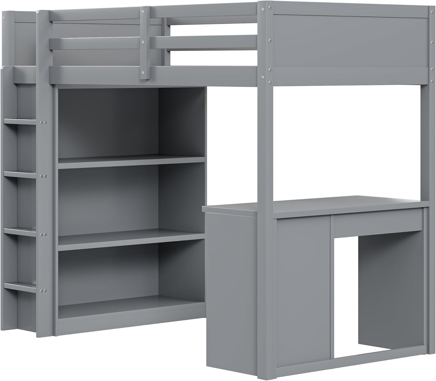 Merax Hochbett 90x200cm, Holz Kinderbett mit Schreibtisch & Schubladen, multifunktionales Etagenbett mit Regal, für Jungen, Mädchen, Grau (Ohne Matratze) — Ansicht 5
