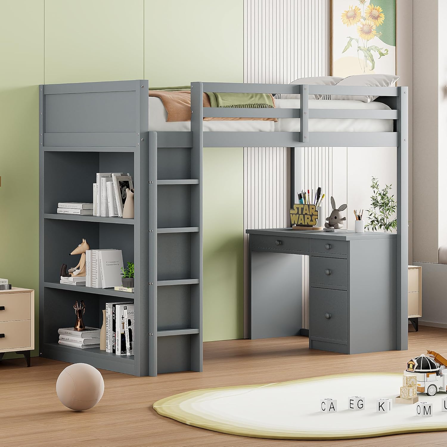 Merax Hochbett 90x200cm, Holz Kinderbett mit Schreibtisch & Schubladen, multifunktionales Etagenbett mit Regal, für Jungen, Mädchen, Grau (Ohne Matratze)