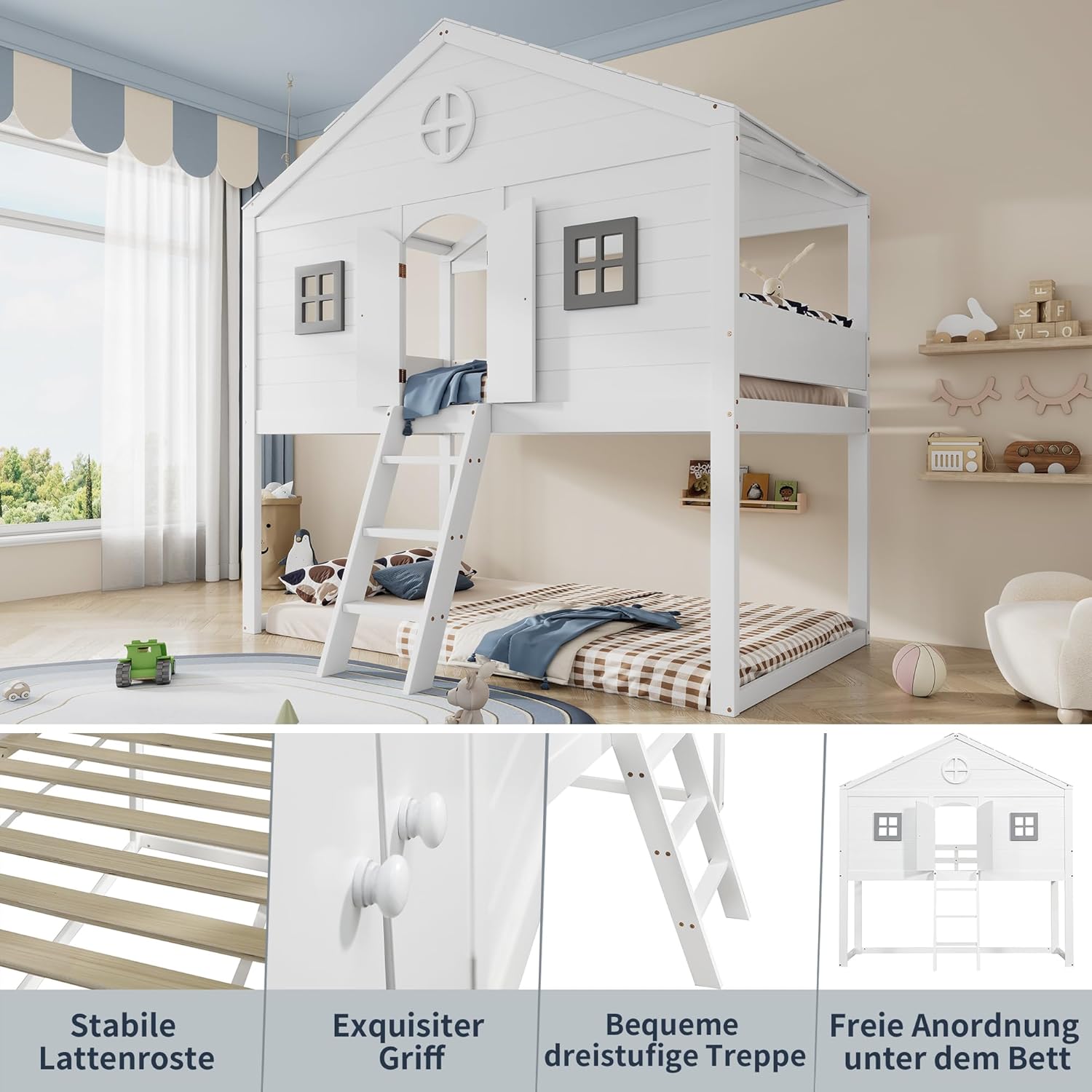 Merax Hochbett 90x200cm, Kinderbett Etagenbett mit Sicherheitsleiter, Rausfallschutz & Lattenrost, Hausbett mit Dach & Fenster, Platzsparendes Stockbett Jugendhochbett, Unterhaltungsbereich, Weiß — Ansicht 4