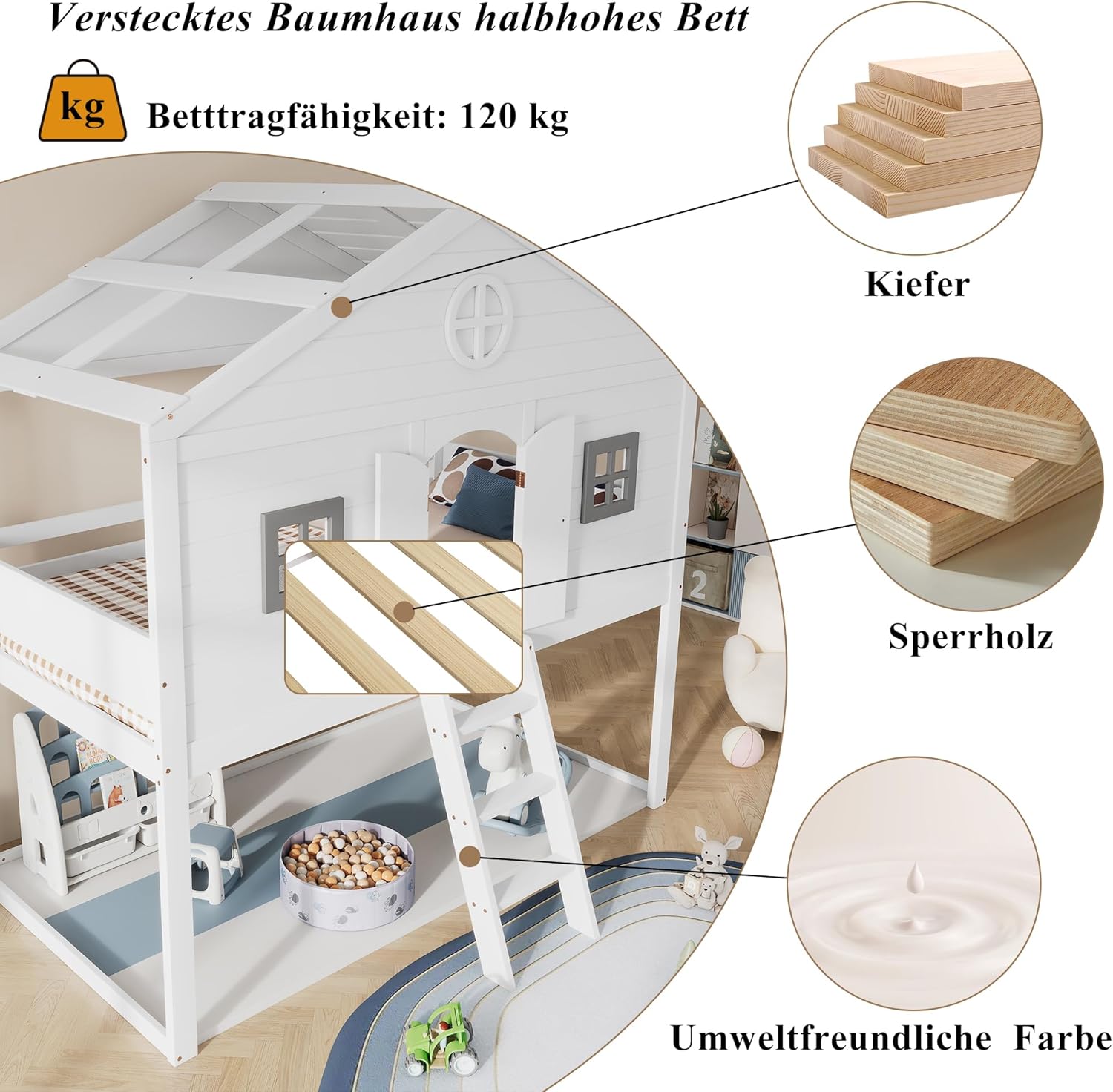 Merax Hochbett 90x200cm, Kinderbett Etagenbett mit Sicherheitsleiter, Rausfallschutz & Lattenrost, Hausbett mit Dach & Fenster, Platzsparendes Stockbett Jugendhochbett, Unterhaltungsbereich, Weiß — Ansicht 5