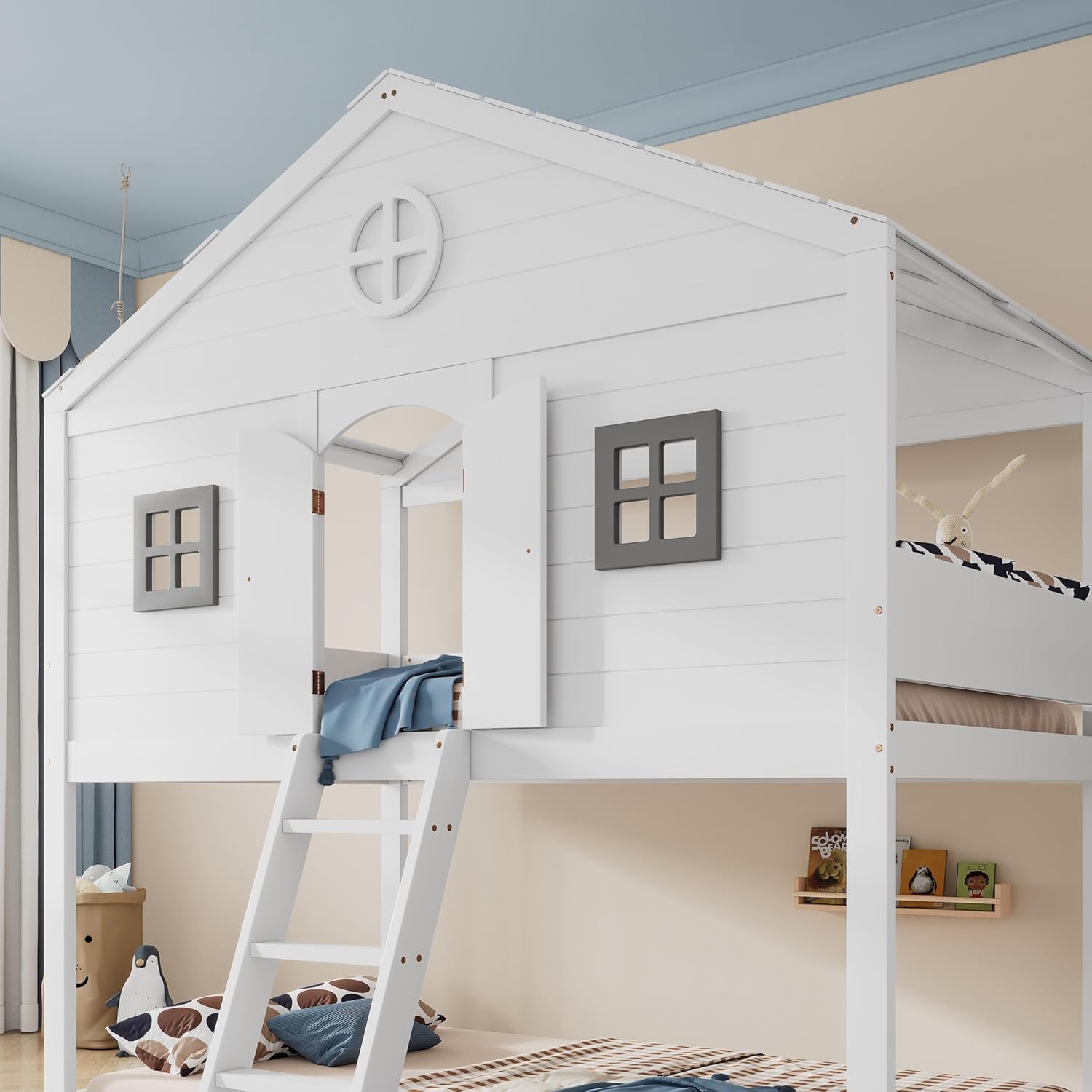 Merax Hochbett 90x200cm, Kinderbett Etagenbett mit Sicherheitsleiter, Rausfallschutz & Lattenrost, Hausbett mit Dach & Fenster, Platzsparendes Stockbett Jugendhochbett, Unterhaltungsbereich, Weiß — Ansicht 6
