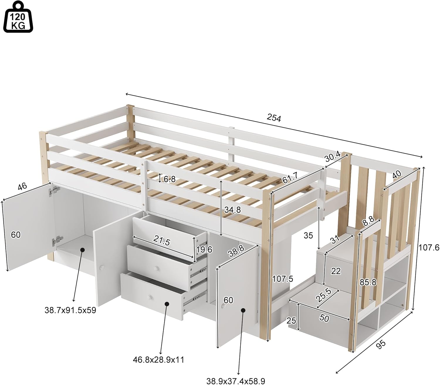 Merax Hochbett 90x200cm, Kinderbett mit Schrank und Treppe, Etagenbett mit Großer Stauraum, für Jungen, Mädchen, Weiß und Holzfarbe (Ohne Matratze) — Ansicht 2