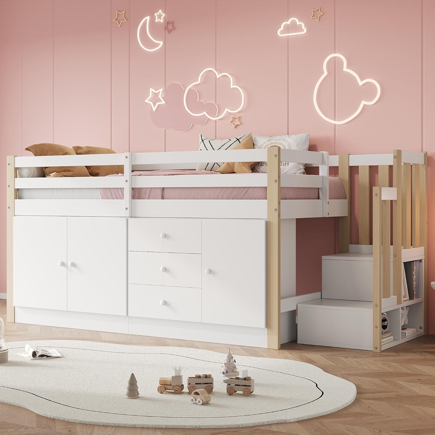 Merax Hochbett 90x200cm, Kinderbett mit Schrank und Treppe, Etagenbett mit Großer Stauraum, für Jungen, Mädchen, Weiß und Holzfarbe (Ohne Matratze)