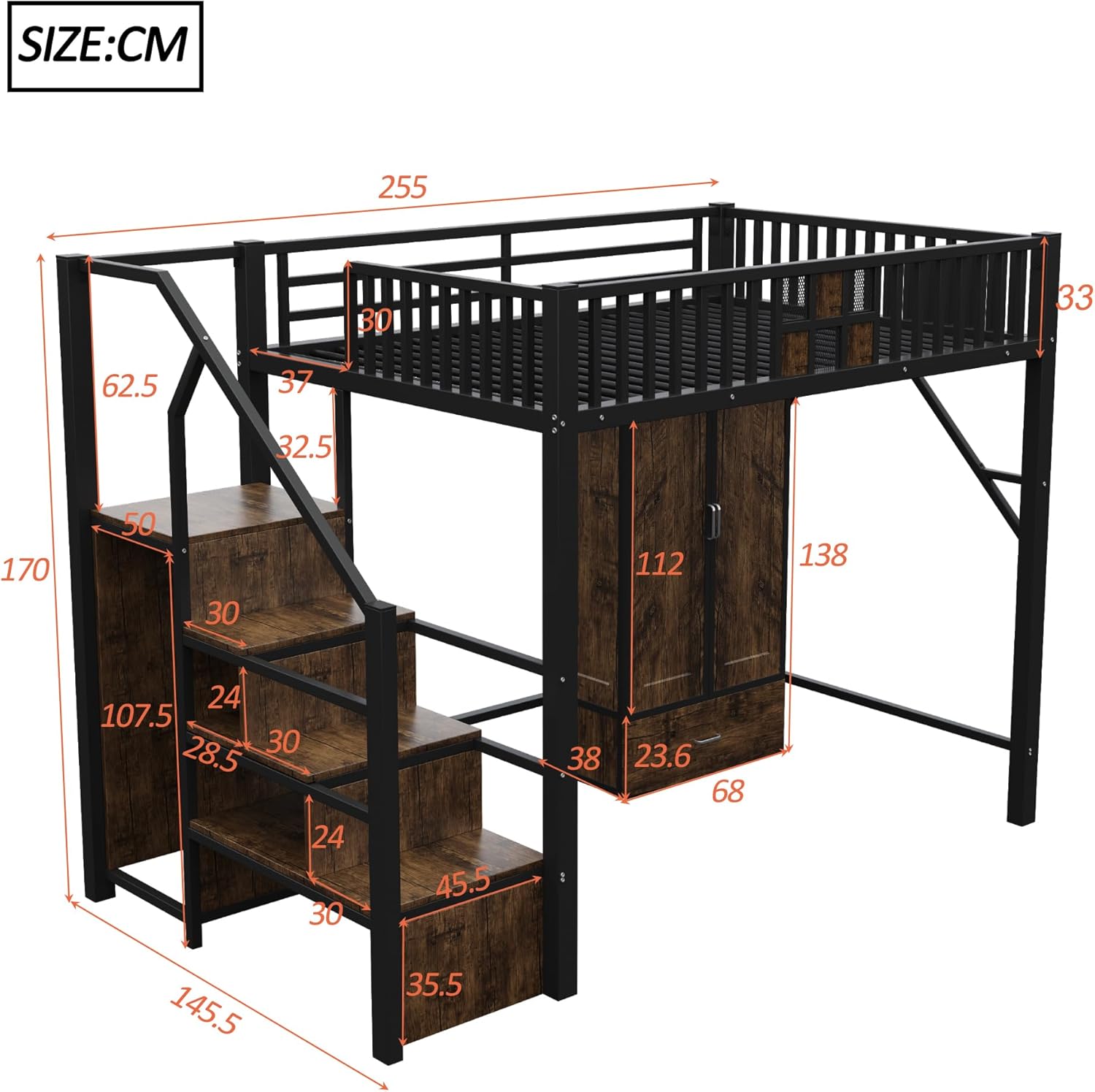 Merax Hochbett aus Metall, 140 x 200 cm, mit Drahtgitter, integriertem Schrank, Schubladen und Aufbewahrungsleiter, platzsparendes Kinderbett, modern und robust, schwarz (ohne Matratze) — Ansicht 2
