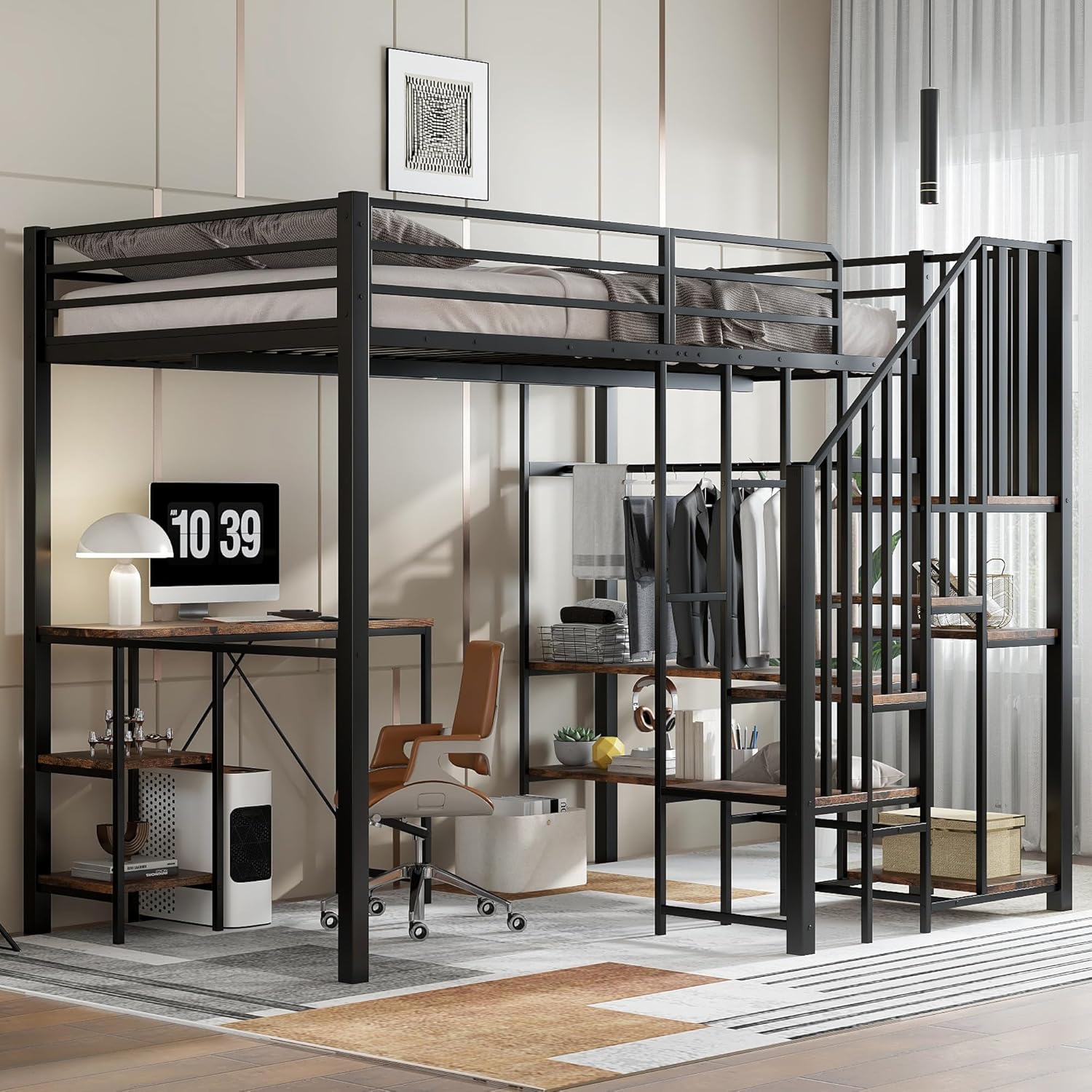 Merax Hochbett Metallbett 120x200cm, Platzsparend Etagenbett mit Schreibtisch und Offenes Regal, Stockbett mit offenem Kleiderschrank, Rausfallschutz, Sichere Treppe, Funktionsbett Jugendbett, Schwarz — Ansicht 4
