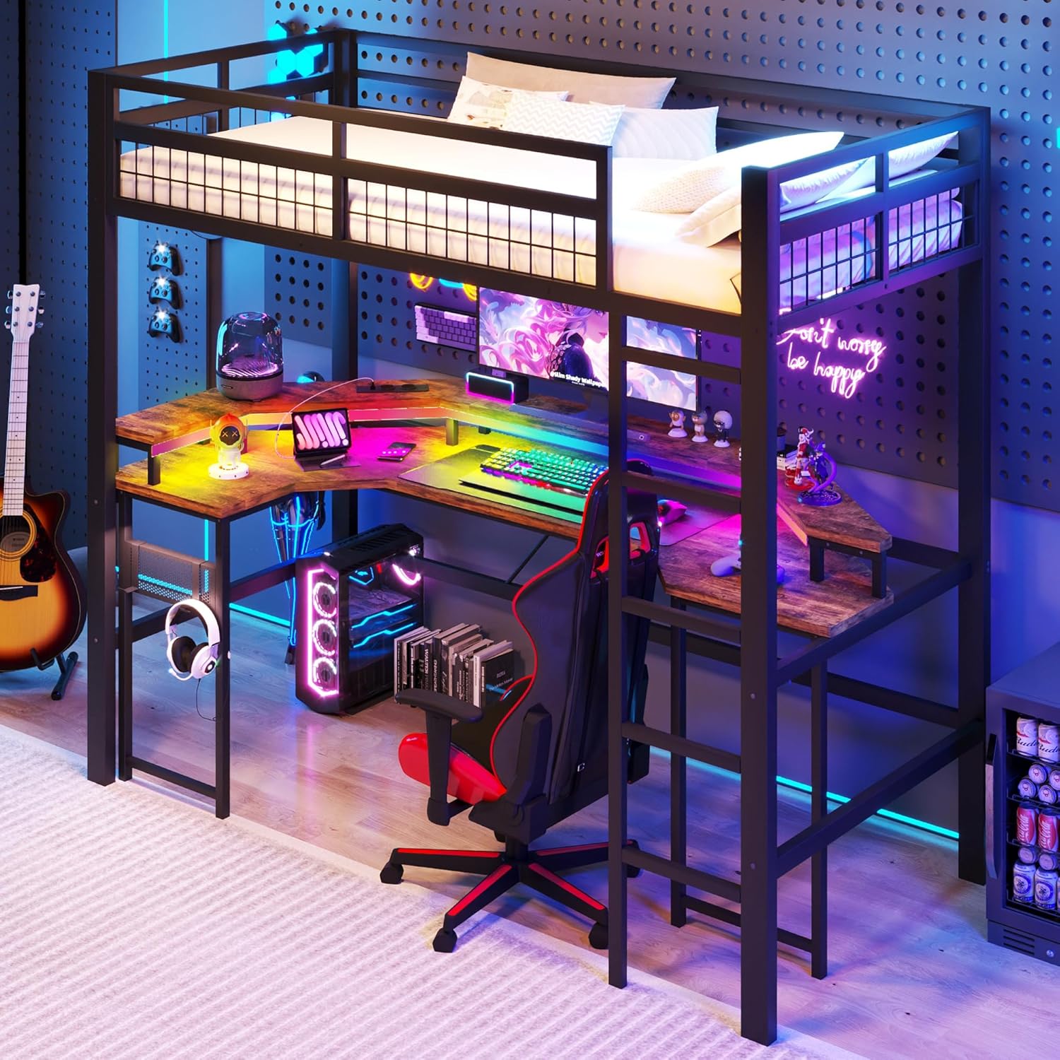 Merax Hochbett mit Schreibtisch 90x200 cm, Eisenrahmen, mit farbwechselnder LED-Lichtleiste, 1 USB-Anschluss + 1 Typ-C-Anschluss und 2 Steckdosen, mit Lochwand, ohne Matratze, schwarz — Ansicht 4