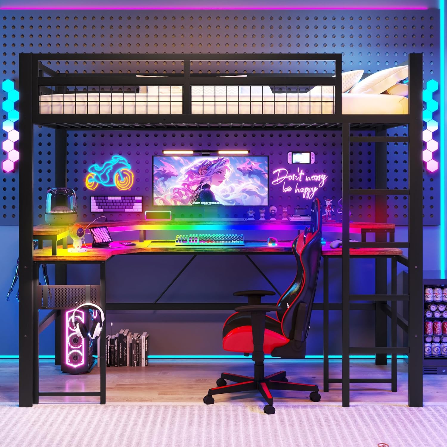 Merax Hochbett mit Schreibtisch 90x200 cm, Eisenrahmen, mit farbwechselnder LED-Lichtleiste, 1 USB-Anschluss + 1 Typ-C-Anschluss und 2 Steckdosen, mit Lochwand, ohne Matratze, schwarz