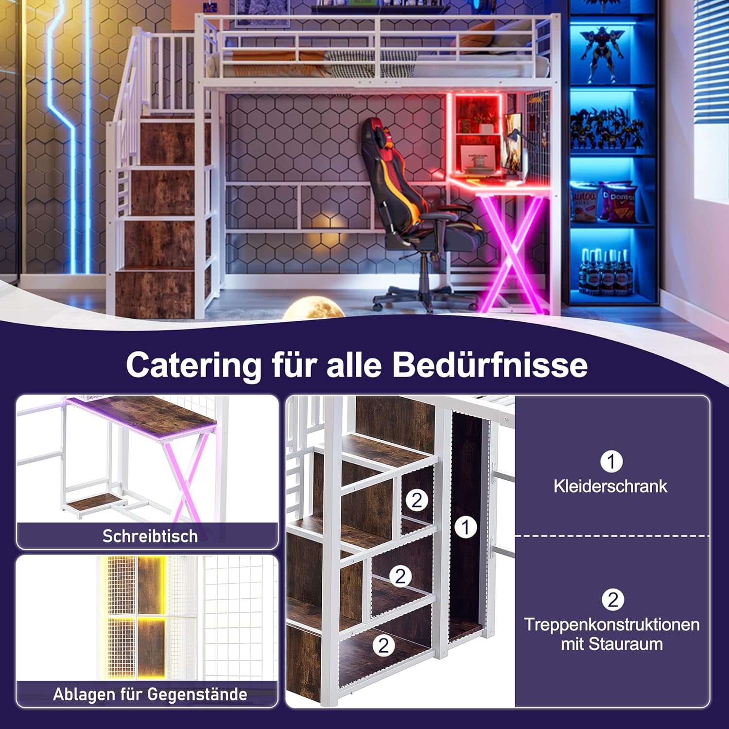 Merax Hochbett mit Schreibtisch 90x200 cm, Jugendbett Loftbett mit LED-Beleuchtung und Stauraum Metallbettgestell mit Lattenrost(ohne Matratze) für Kinder/Erwachsene (Weiß) — Ansicht 5