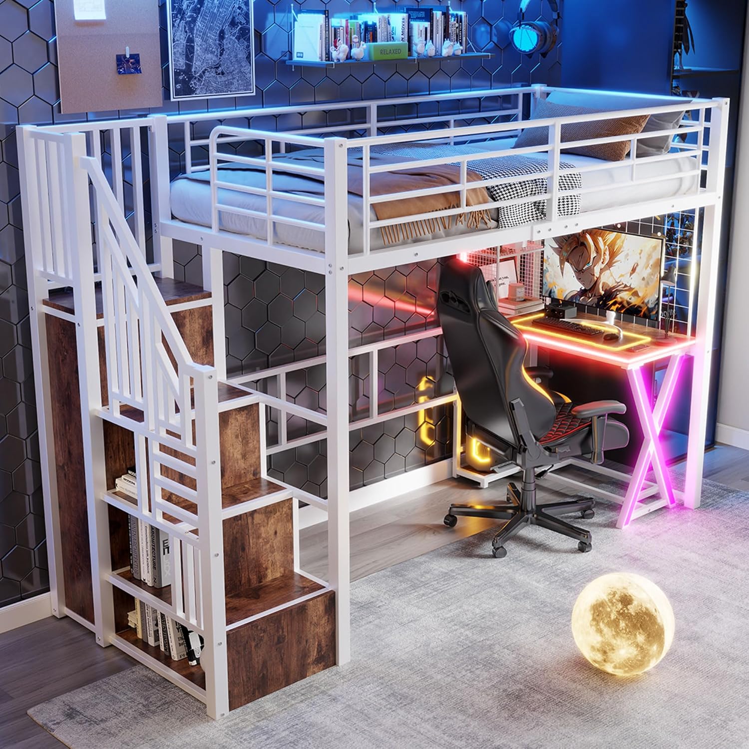 Merax Hochbett mit Schreibtisch 90x200 cm, Jugendbett Loftbett mit LED-Beleuchtung und Stauraum Metallbettgestell mit Lattenrost(ohne Matratze) für Kinder/Erwachsene (Weiß) — Ansicht 6