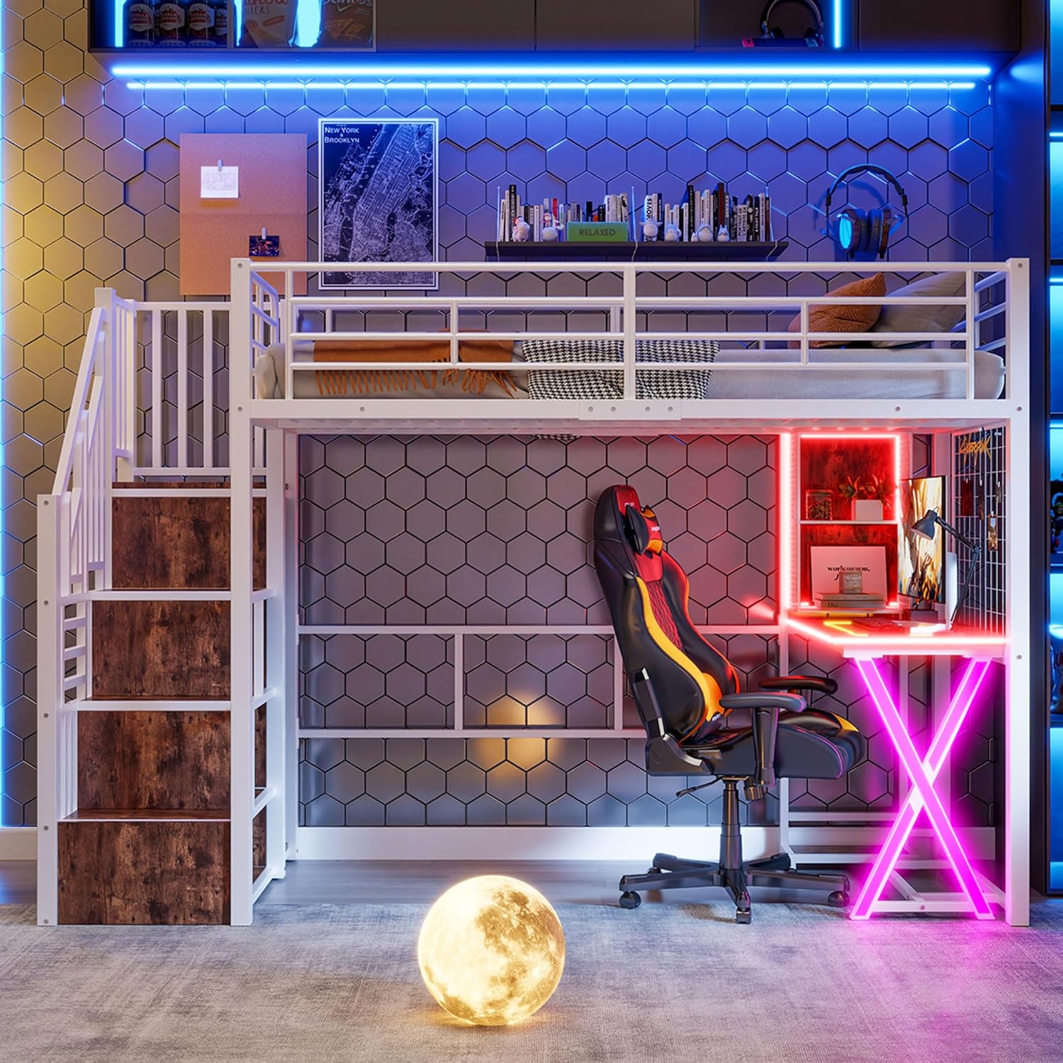 Merax Hochbett mit Schreibtisch 90x200 cm, Jugendbett Loftbett mit LED-Beleuchtung und Stauraum Metallbettgestell mit Lattenrost(ohne Matratze) für Kinder/Erwachsene (Weiß)