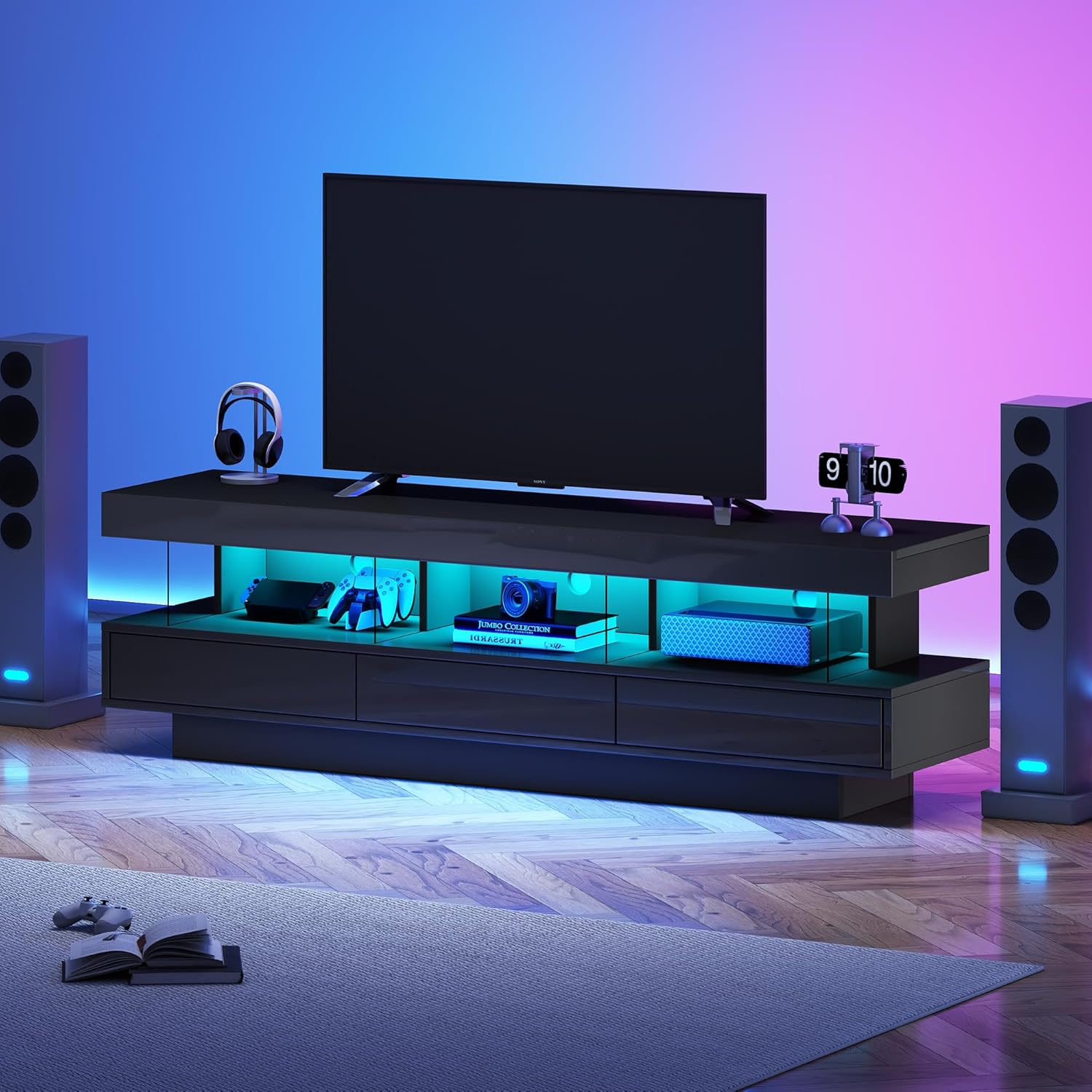 Merax Hochglanz TV Schrank mit LED-Beleuchtung, App-Steuerung, Bluetooth-verbunden, Lowboard Sideboard TV-Kommode Fernsehschrank Fernsehtisch für 70-Zoll-TVs, mit 3 Glasfächern, Schwarz/160x38x50.5cm — Ansicht 2