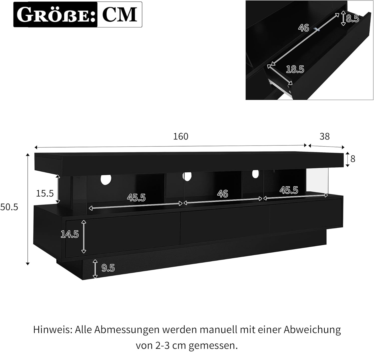 Merax Hochglanz TV Schrank mit LED-Beleuchtung, App-Steuerung, Bluetooth-verbunden, Lowboard Sideboard TV-Kommode Fernsehschrank Fernsehtisch für 70-Zoll-TVs, mit 3 Glasfächern, Schwarz/160x38x50.5cm — Ansicht 3