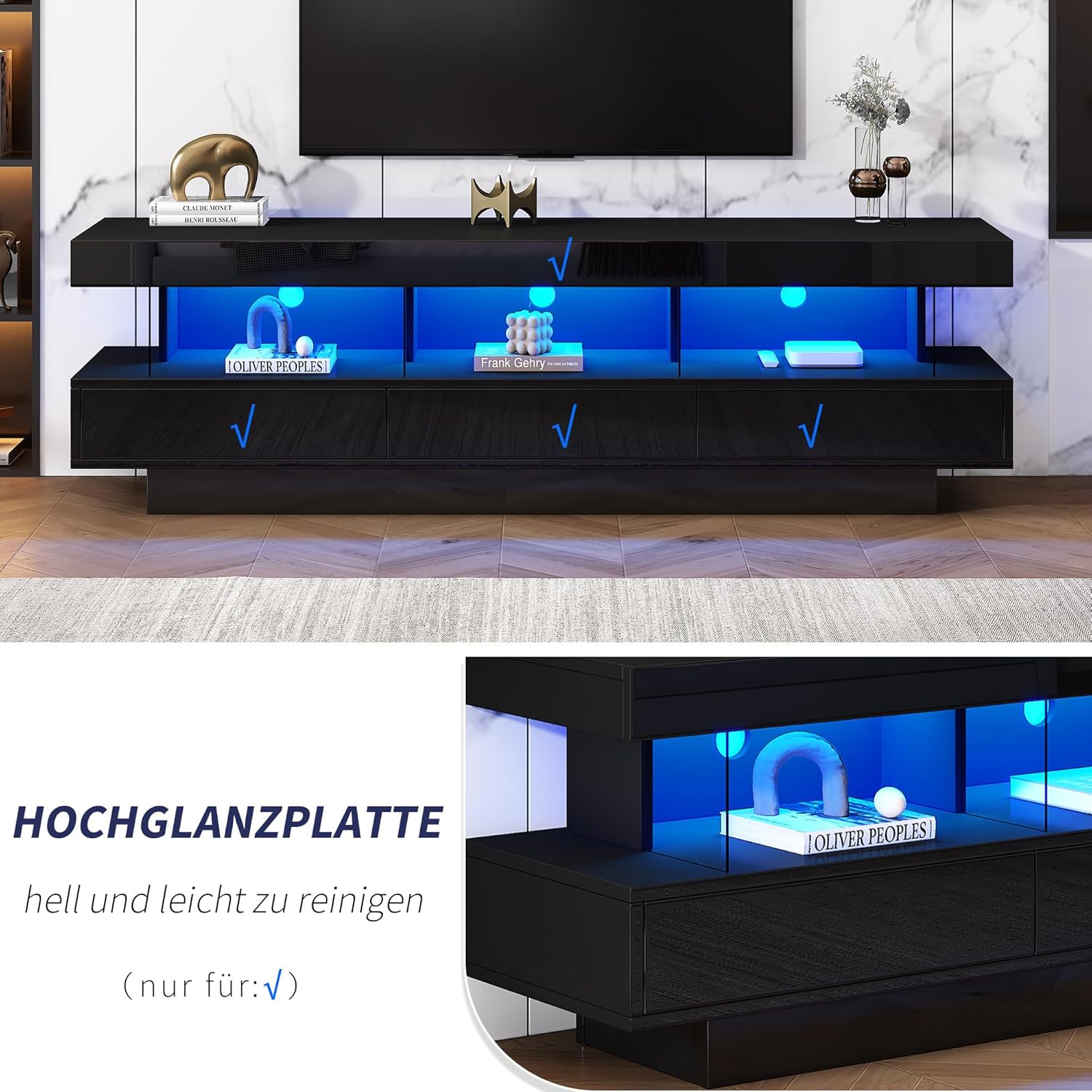 Merax Hochglanz TV Schrank mit LED-Beleuchtung, App-Steuerung, Bluetooth-verbunden, Lowboard Sideboard TV-Kommode Fernsehschrank Fernsehtisch für 70-Zoll-TVs, mit 3 Glasfächern, Schwarz/160x38x50.5cm — Ansicht 4