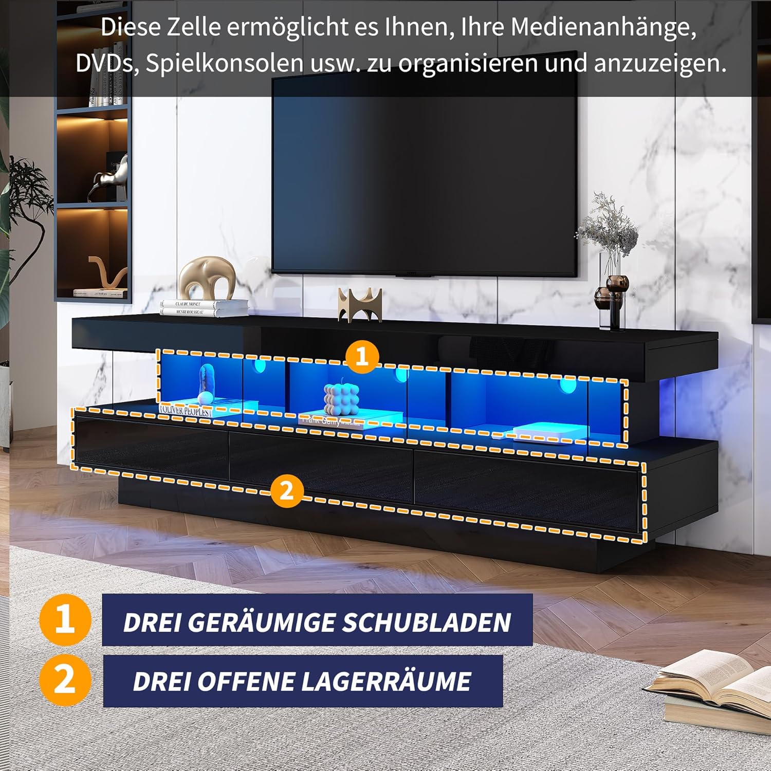 Merax Hochglanz TV Schrank mit LED-Beleuchtung, App-Steuerung, Bluetooth-verbunden, Lowboard Sideboard TV-Kommode Fernsehschrank Fernsehtisch für 70-Zoll-TVs, mit 3 Glasfächern, Schwarz/160x38x50.5cm — Ansicht 6