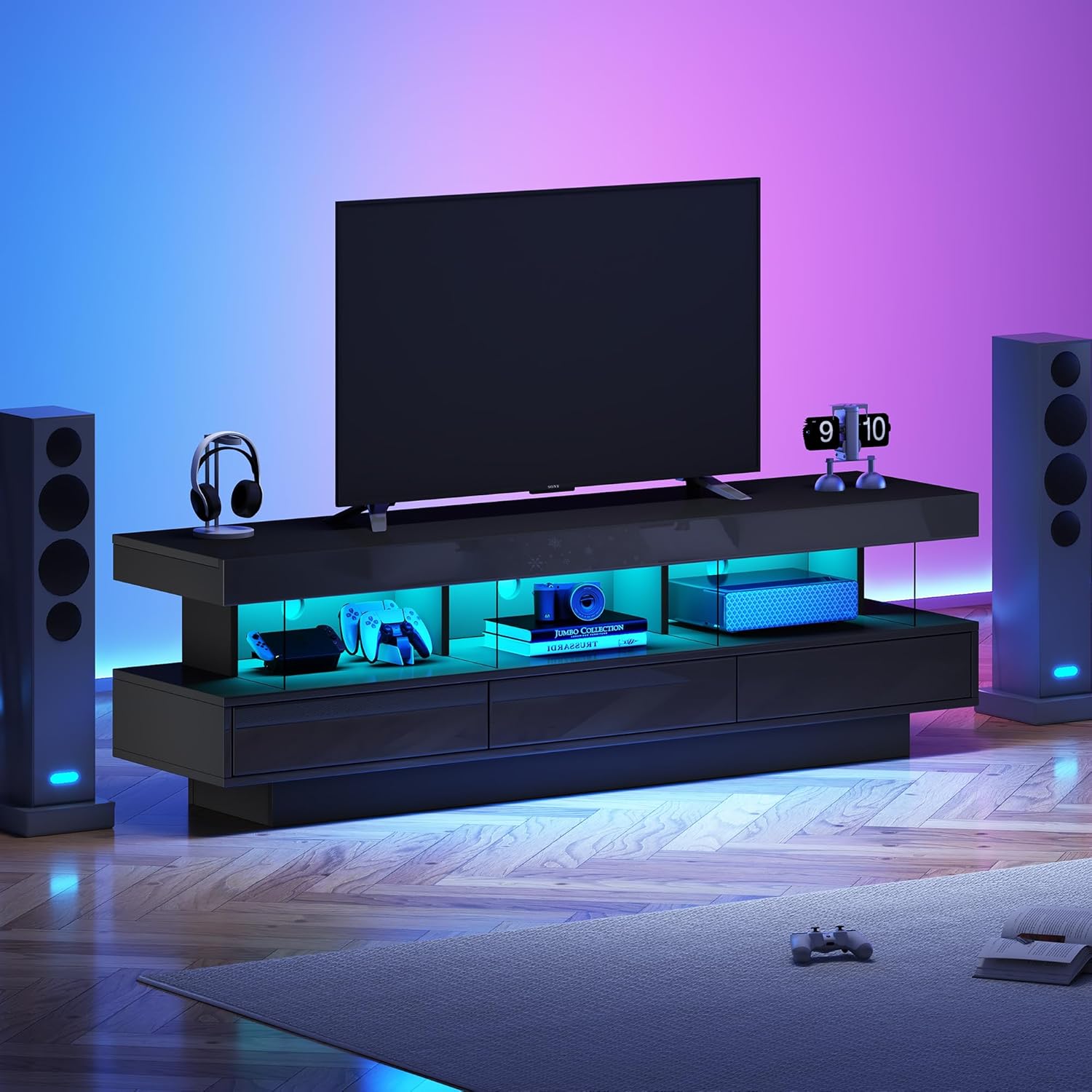 Merax Hochglanz TV Schrank mit LED-Beleuchtung, App-Steuerung, Bluetooth-verbunden, Lowboard Sideboard TV-Kommode Fernsehschrank Fernsehtisch für 70-Zoll-TVs, mit 3 Glasfächern, Schwarz/160x38x50.5cm