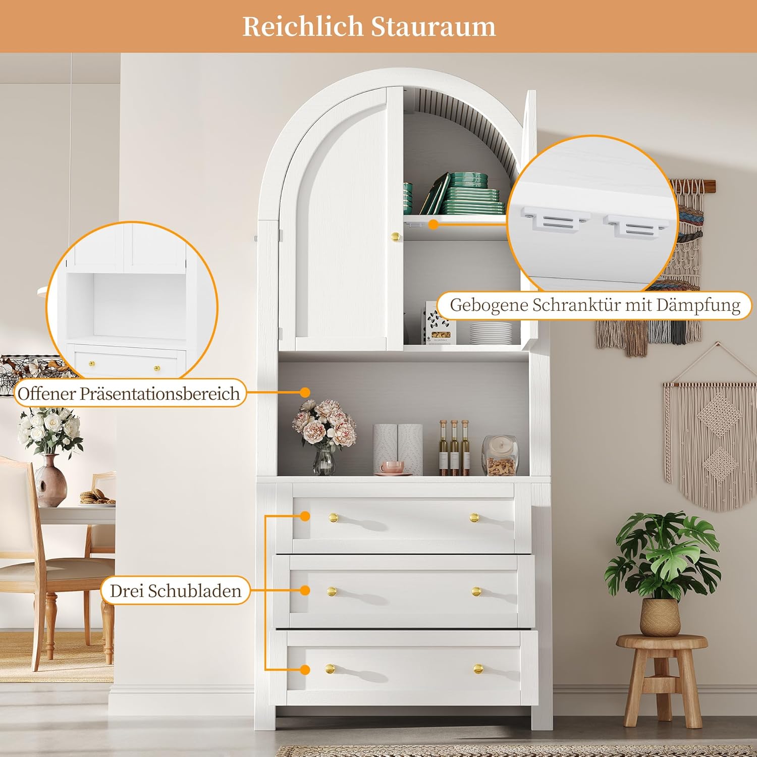 Merax Hochschrank Aufbewahrungsschrank 180cm, Mehrzweckschrank mit 2 Türen, 3 Schubladen, Offener Lagerraum, Vitrinenschrank für Wohnzimmer Büro Küche, freistehende Hoher Bogen-Küchenschrank, Weiß — Ansicht 4