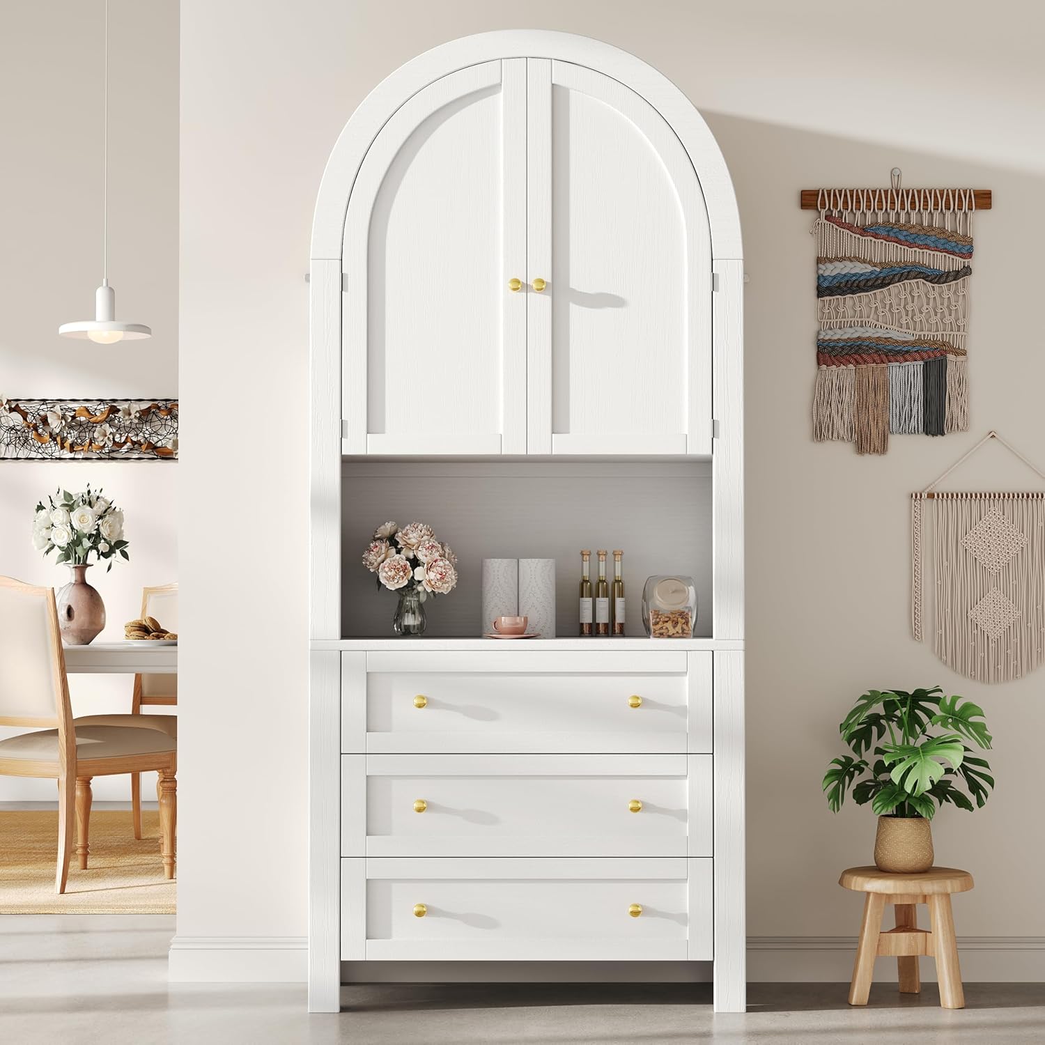 Merax Hochschrank Aufbewahrungsschrank 180cm, Mehrzweckschrank mit 2 Türen, 3 Schubladen, Offener Lagerraum, Vitrinenschrank für Wohnzimmer Büro Küche, freistehende Hoher Bogen-Küchenschrank, Weiß