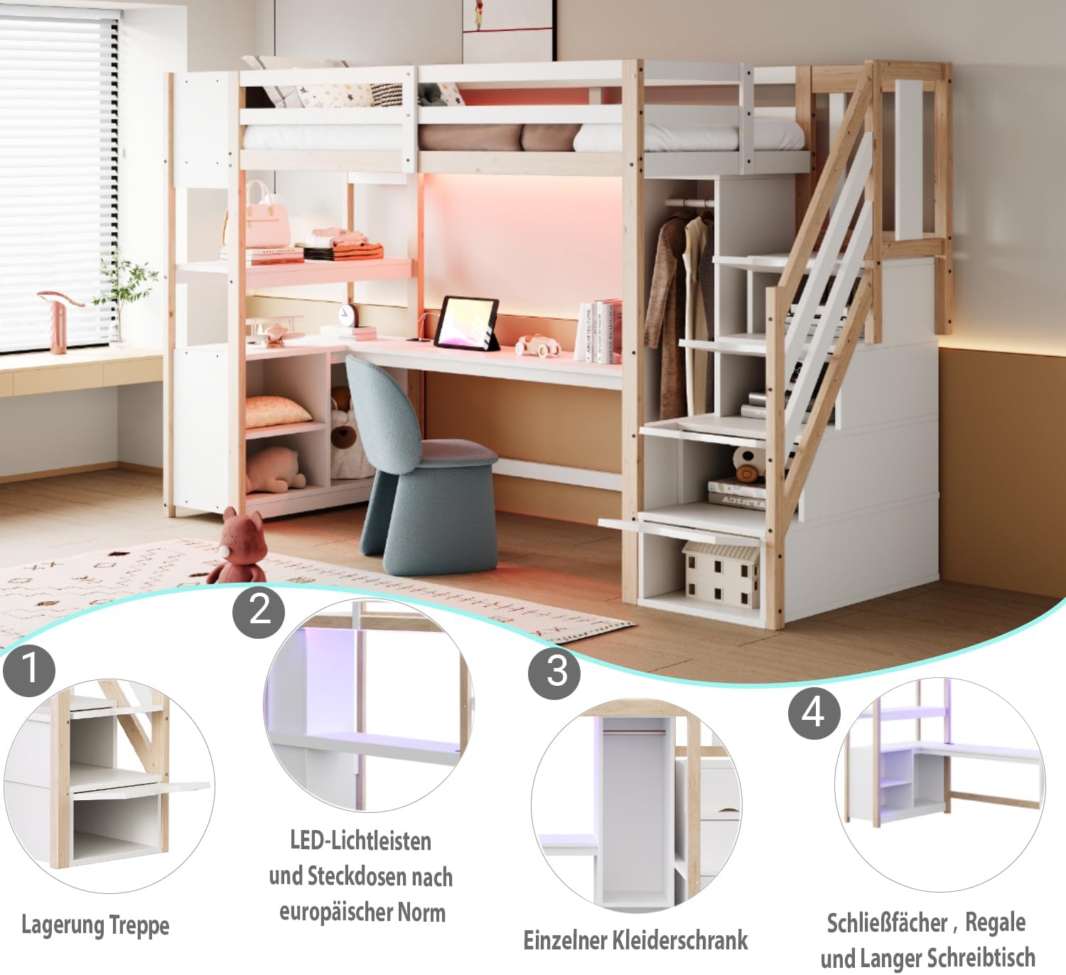 Merax Holz Hochbett 90 x 200 cm, mit Schreibtisch, Kleiderschrank, Treppe mit Stauraum, Regal und Ablagefach, Hochbett mit LED Lichtleiste und Steckdose, weiß & Holzfarbe (ohne Matratze) — Ansicht 3