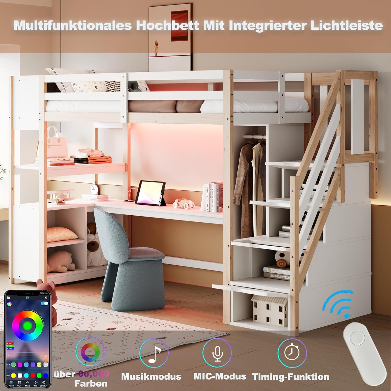 Merax Holz Hochbett 90 x 200 cm, mit Schreibtisch, Kleiderschrank, Treppe mit Stauraum, Regal und Ablagefach, Hochbett mit LED Lichtleiste und Steckdose, weiß & Holzfarbe (ohne Matratze) — Ansicht 4