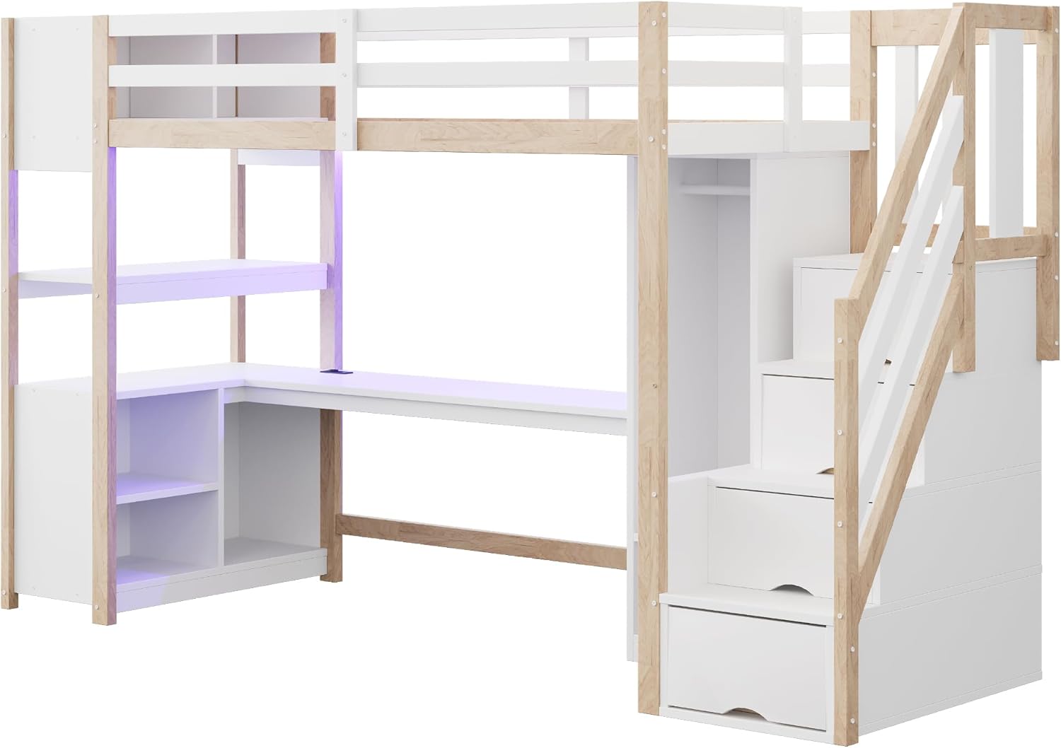 Merax Holz Hochbett 90 x 200 cm, mit Schreibtisch, Kleiderschrank, Treppe mit Stauraum, Regal und Ablagefach, Hochbett mit LED Lichtleiste und Steckdose, weiß & Holzfarbe (ohne Matratze) — Ansicht 5