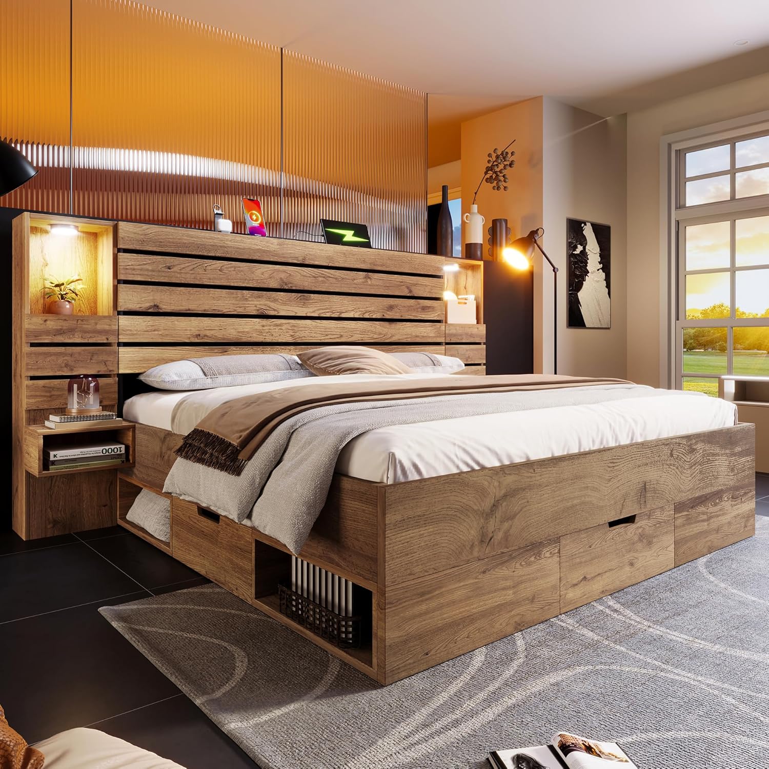Merax Holzbett 180x200cm mit LED-Leicht & Ladefunktion, Doppelbett mit Nachttische & Schubladen & Staufächer, Multifunktional Stauraumbett mit Metall-Lattenrost, Jugendbett, ohne Matratze, Eichenoptik — Ansicht 3