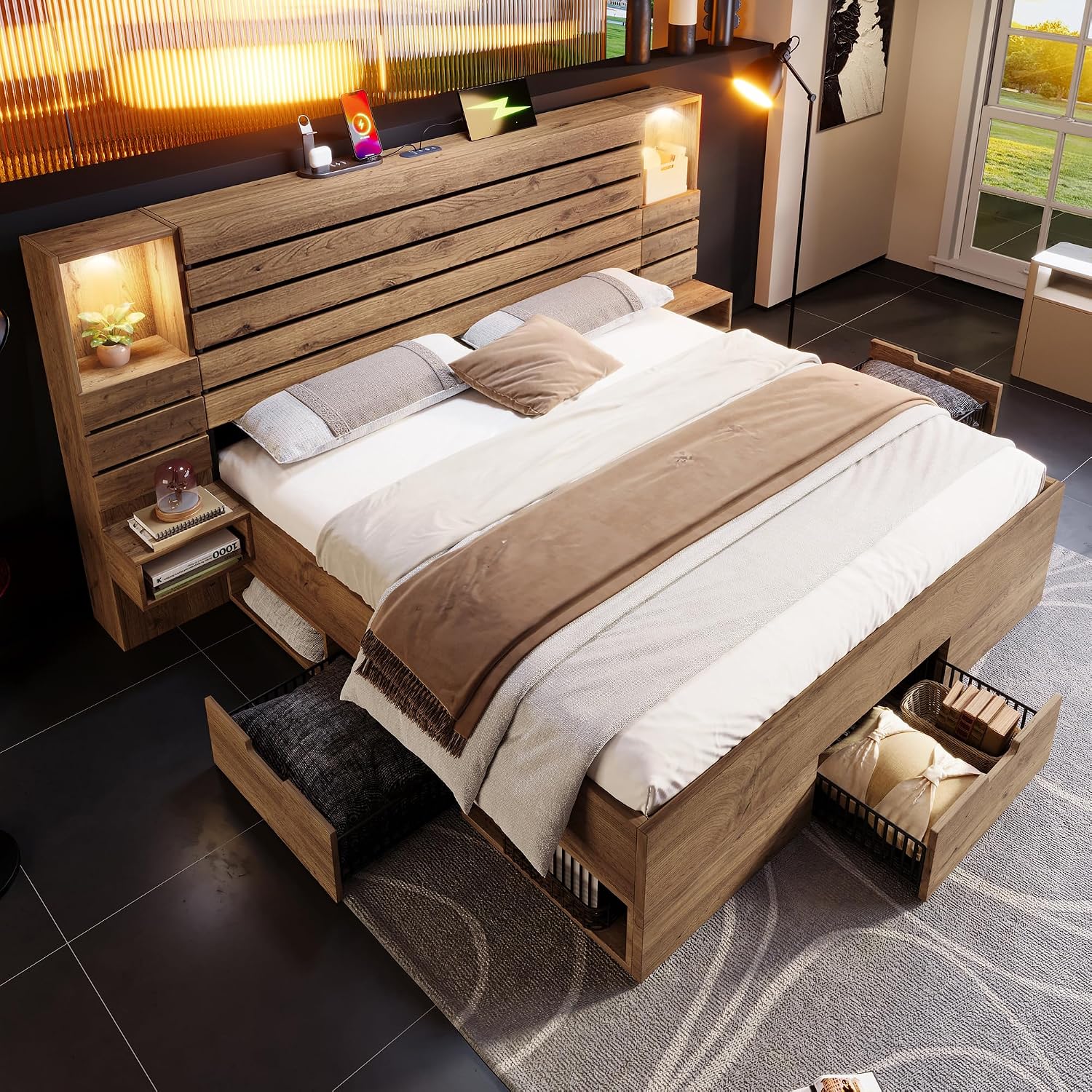 Merax Holzbett 180x200cm mit LED-Leicht & Ladefunktion, Doppelbett mit Nachttische & Schubladen & Staufächer, Multifunktional Stauraumbett mit Metall-Lattenrost, Jugendbett, ohne Matratze, Eichenoptik — Ansicht 4