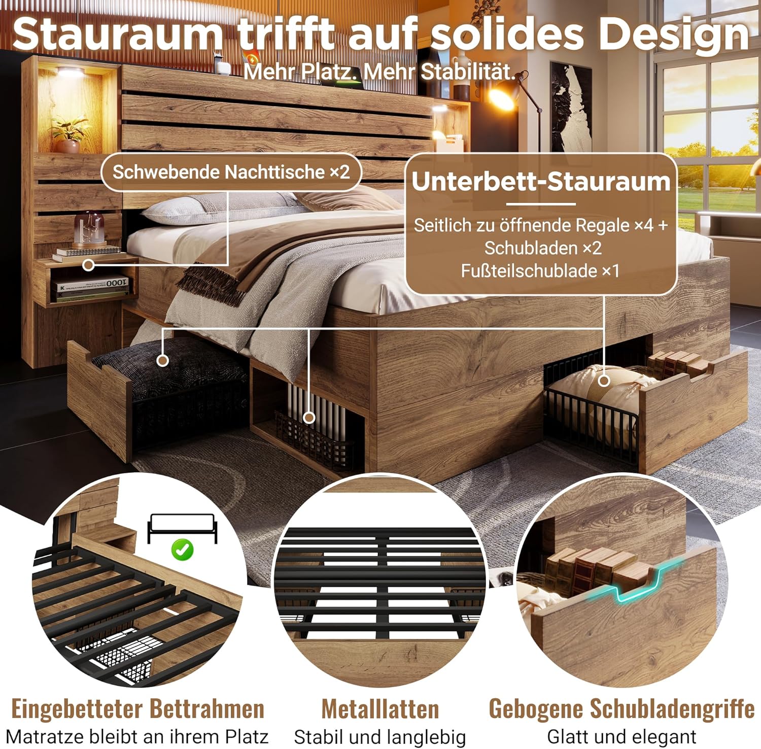 Merax Holzbett 180x200cm mit LED-Leicht & Ladefunktion, Doppelbett mit Nachttische & Schubladen & Staufächer, Multifunktional Stauraumbett mit Metall-Lattenrost, Jugendbett, ohne Matratze, Eichenoptik — Ansicht 5