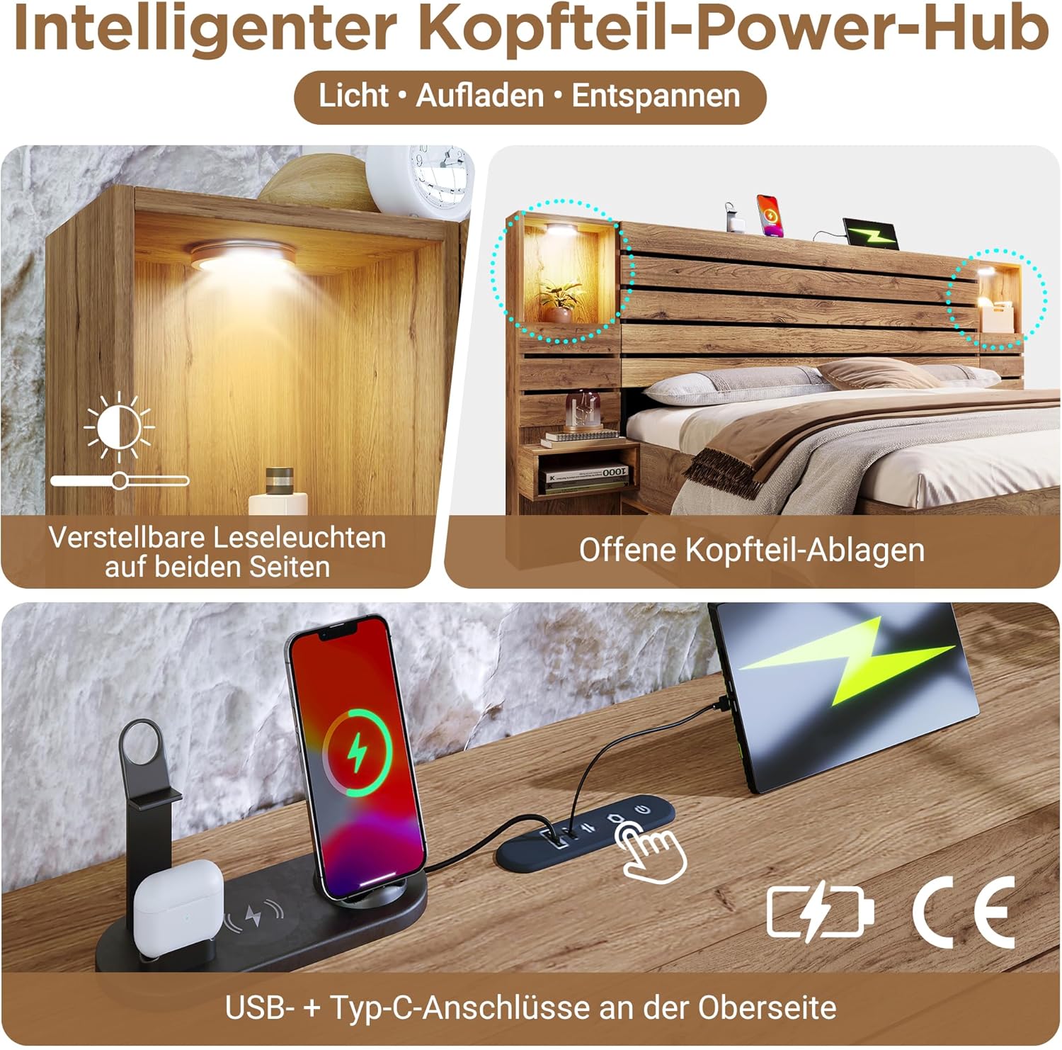 Merax Holzbett 180x200cm mit LED-Leicht & Ladefunktion, Doppelbett mit Nachttische & Schubladen & Staufächer, Multifunktional Stauraumbett mit Metall-Lattenrost, Jugendbett, ohne Matratze, Eichenoptik — Ansicht 6