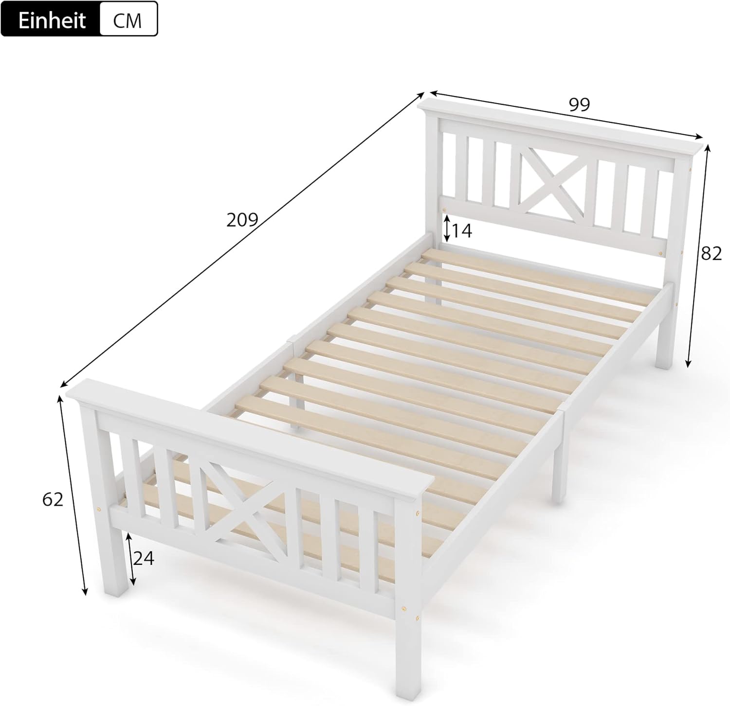 Merax Holzbett 90 x 200 cm Weiß, Massivholz Bettgestell mit Lattenrost und Füße, Einzelbett mit Kopf- und Fußteil, Kinderbett Jugendbett Massivholzbett, Stauraum unter dem Bett — Ansicht 2