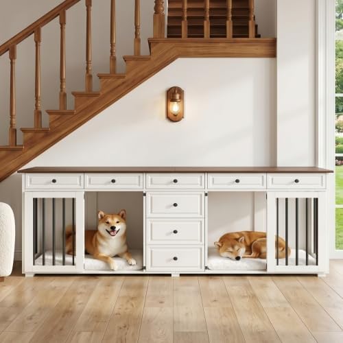 Merax Hundekäfig für 2 kleine bis mittelgroße Hunde, Hundebox für Zuhause im Möbeldesign mit 8 Schubladen und Verschlüssen, Hundehütte Indoor als TV-Schrank, 200 x 60 x 85 cm, Nussbaum/Weiß