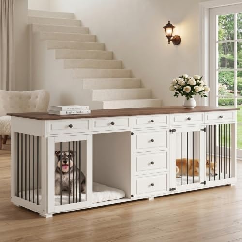 Merax Hundekäfig für 2 kleine bis mittelgroße Hunde, Hundebox für Zuhause im Möbeldesign mit 8 Schubladen und Verschlüssen, Hundehütte Indoor als TV-Schrank, 200 x 60 x 85 cm, Nussbaum/Weiß — Ansicht 4