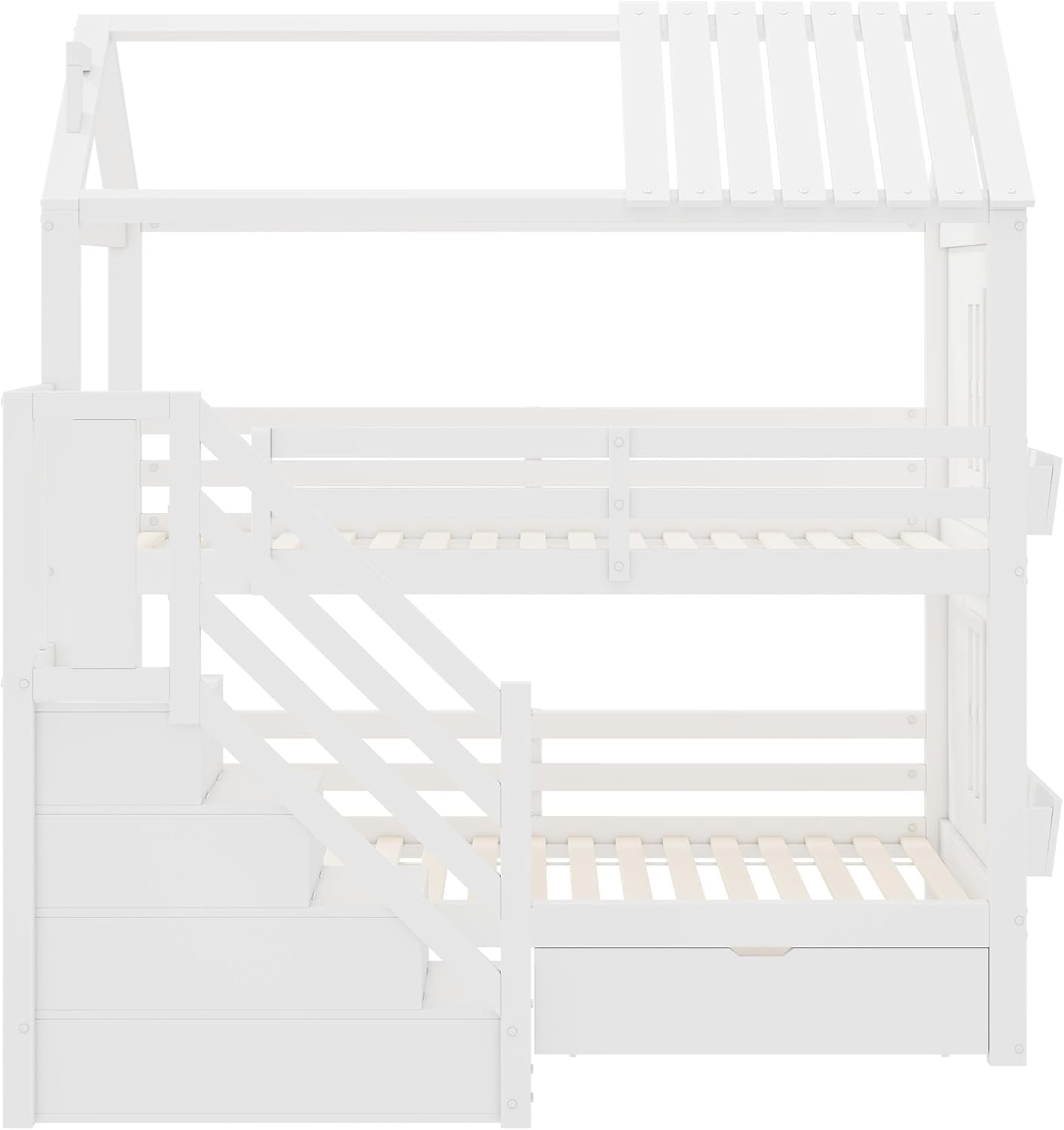 Merax Kinder-Etagenbett 90x200 cm, multifunktionales Hochbett aus Kiefer & MDF mit Stauraumtreppe, Schubladen & Regalen, großer Stauraum, für Schlafzimmer, Weiß (ohne Matratze) — Ansicht 5