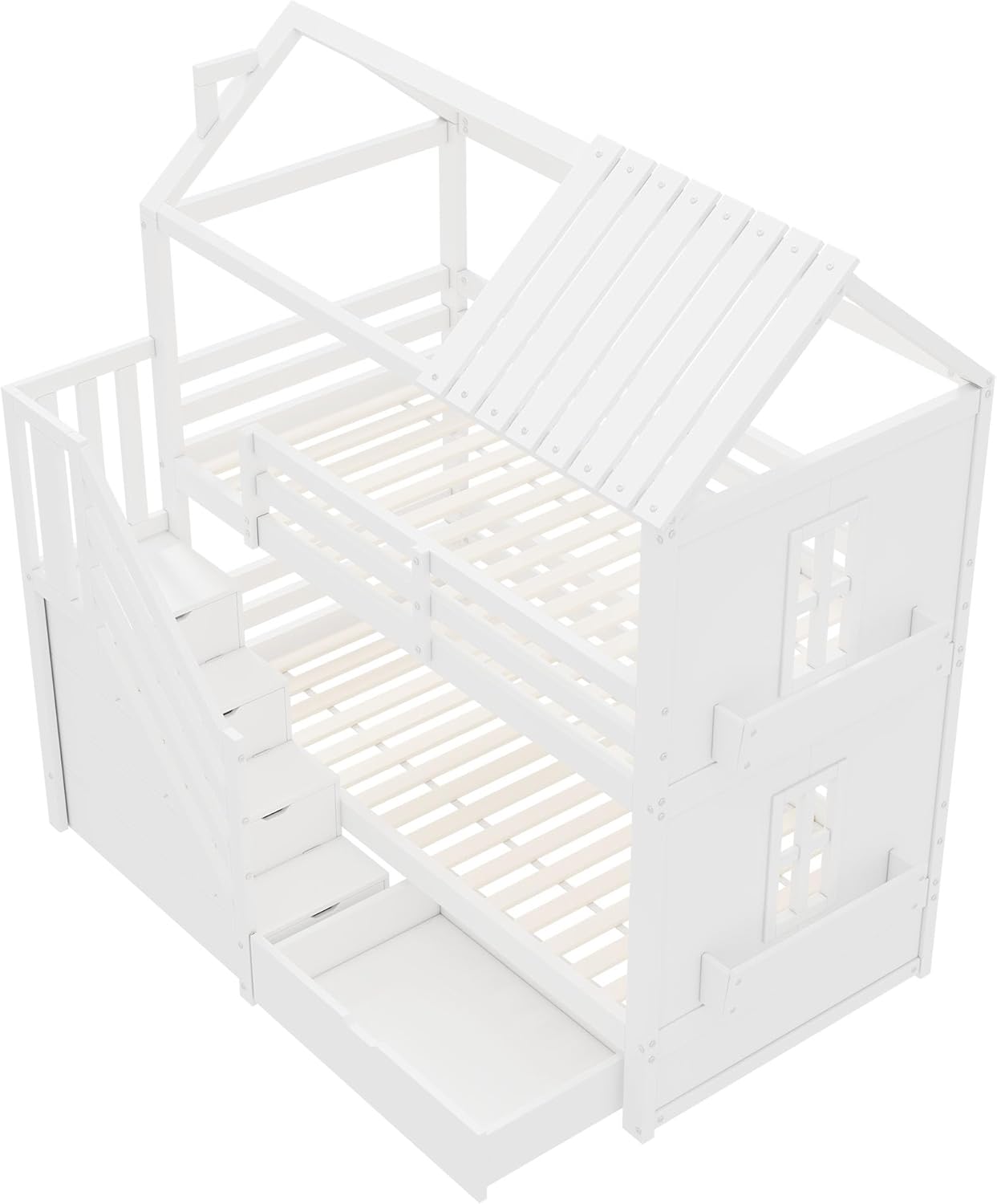 Merax Kinder-Etagenbett 90x200 cm, multifunktionales Hochbett aus Kiefer & MDF mit Stauraumtreppe, Schubladen & Regalen, großer Stauraum, für Schlafzimmer, Weiß (ohne Matratze) — Ansicht 6