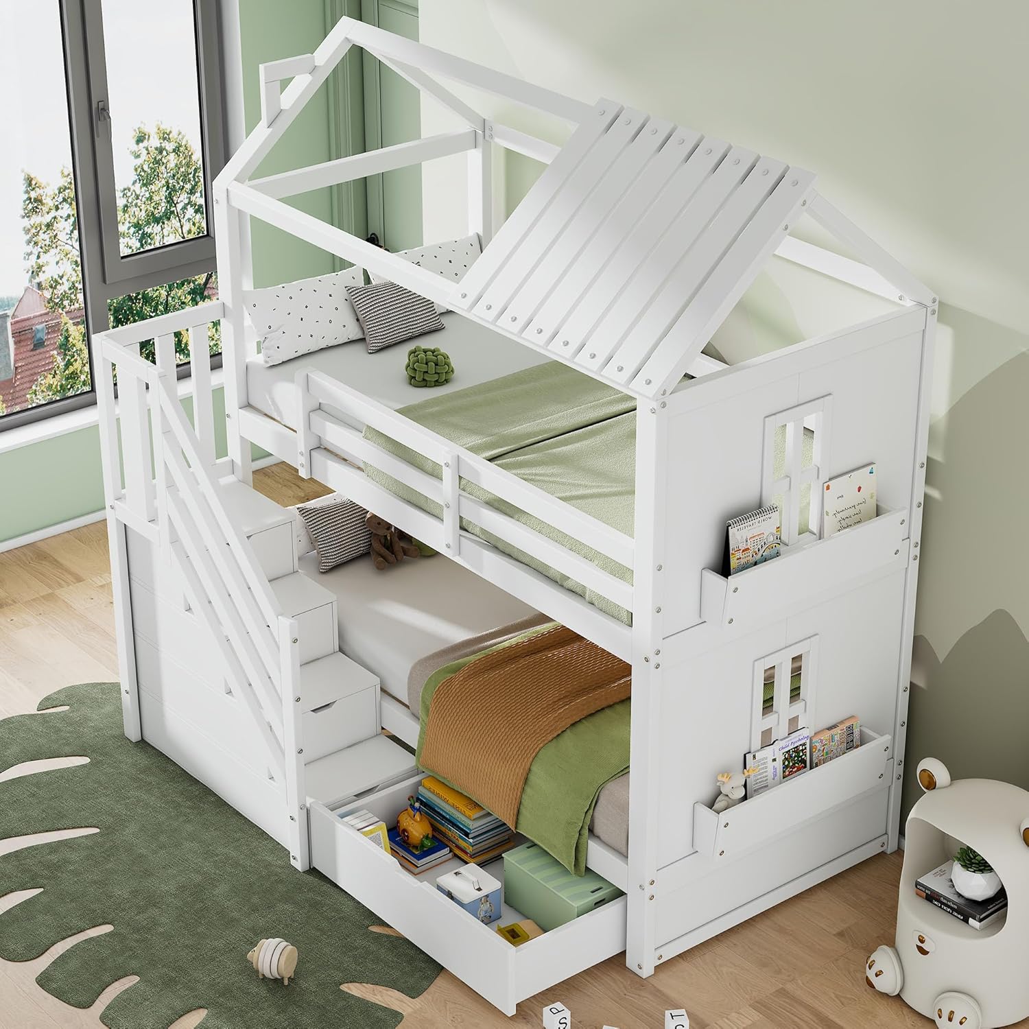 Merax Kinder-Etagenbett 90x200 cm, multifunktionales Hochbett aus Kiefer & MDF mit Stauraumtreppe, Schubladen & Regalen, großer Stauraum, für Schlafzimmer, Weiß (ohne Matratze)