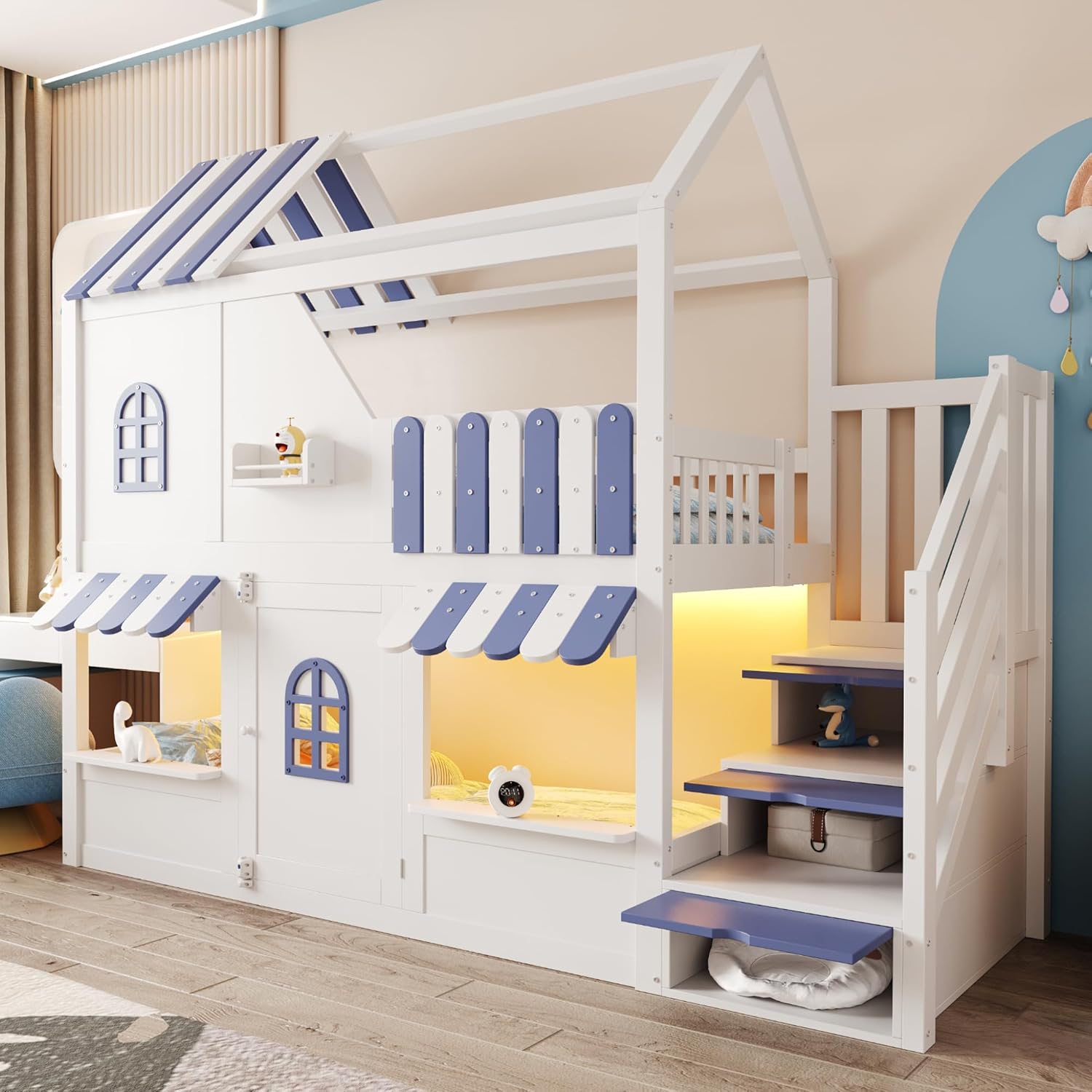 Merax Kinder-Hochbett 90x200 cm, Hausbett mit Dach, Fenstern, Tür, LED-Beleuchtung, Stauraumleiter, Regale, Holzrahmen, Etagenbett, Weiß-Blau (ohne Matratze) — Ansicht 3