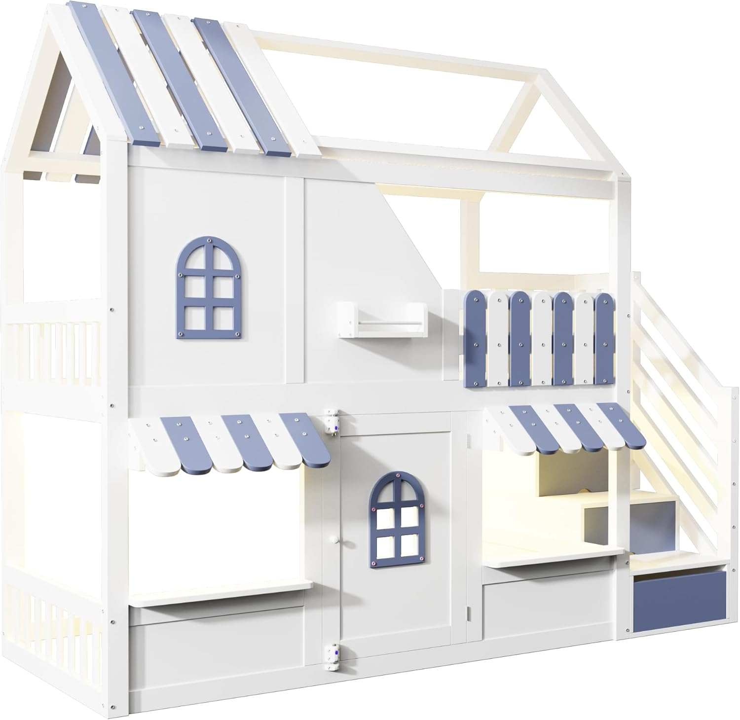Merax Kinder-Hochbett 90x200 cm, Hausbett mit Dach, Fenstern, Tür, LED-Beleuchtung, Stauraumleiter, Regale, Holzrahmen, Etagenbett, Weiß-Blau (ohne Matratze) — Ansicht 6
