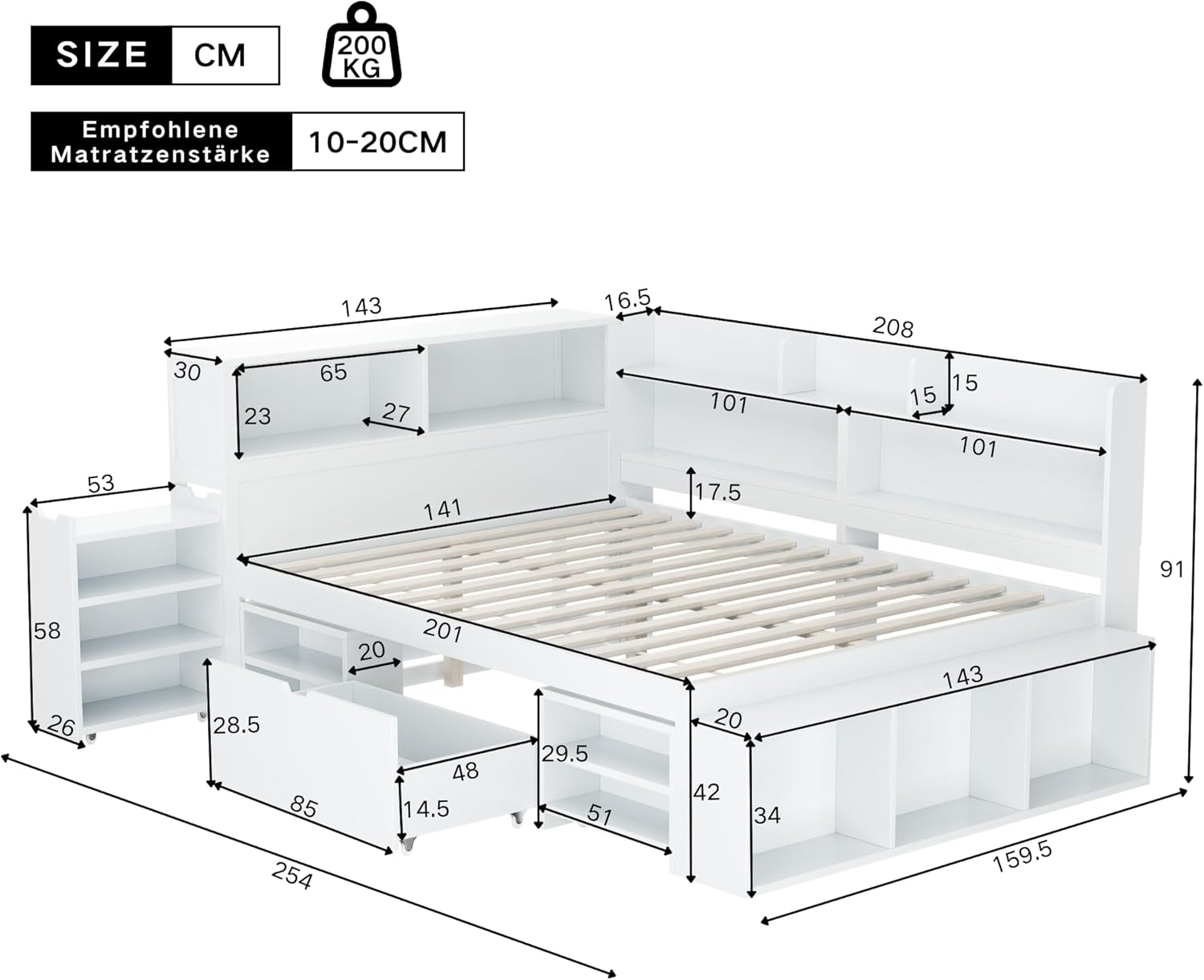 Merax Kinderbett 140x200 cm mit Lattenrost, multifunktional mit Schubladen, Bücherregal & Stauraum, Einzelbett, großer Stauraum, platzsparend, einfach zu montieren, weiß (ohne Matratze) — Ansicht 2