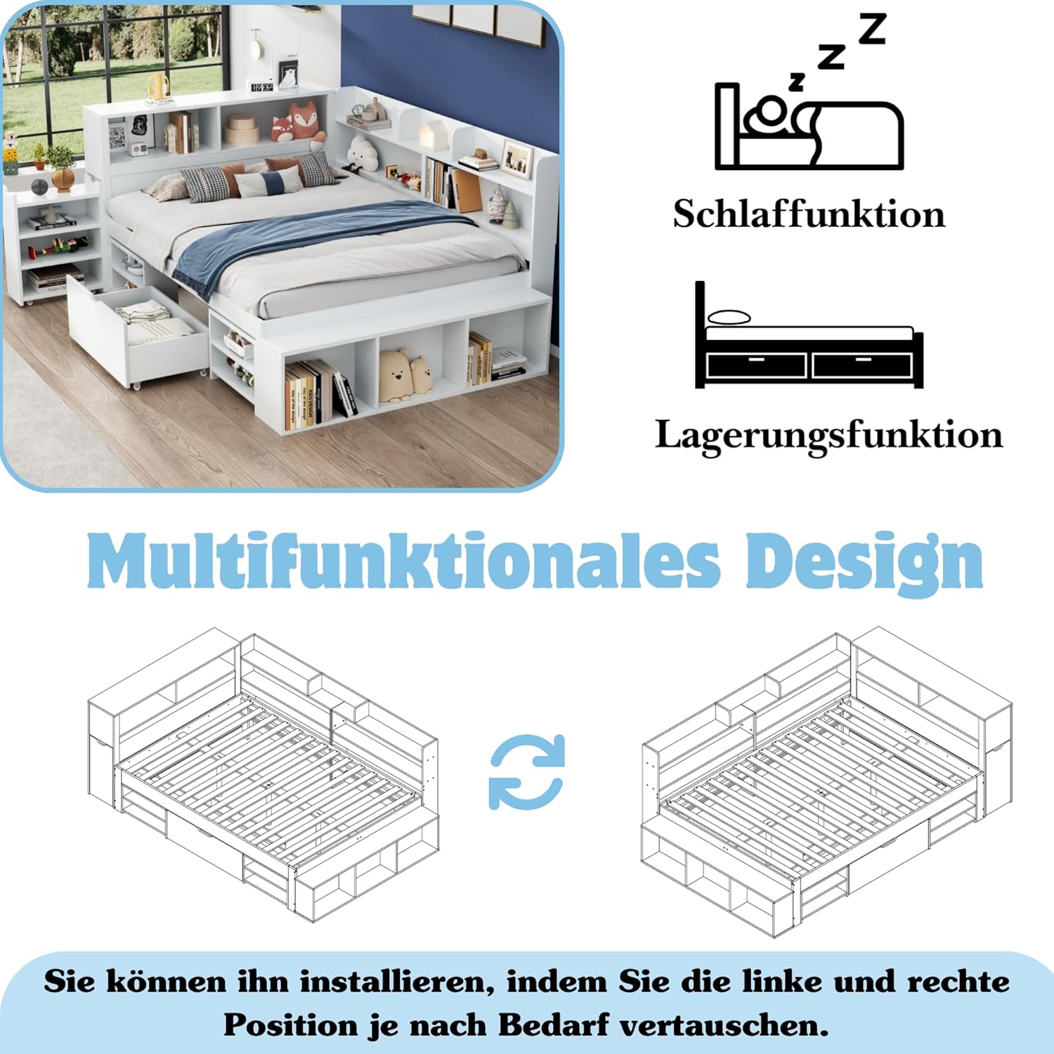 Merax Kinderbett 140x200 cm mit Lattenrost, multifunktional mit Schubladen, Bücherregal & Stauraum, Einzelbett, großer Stauraum, platzsparend, einfach zu montieren, weiß (ohne Matratze) — Ansicht 3