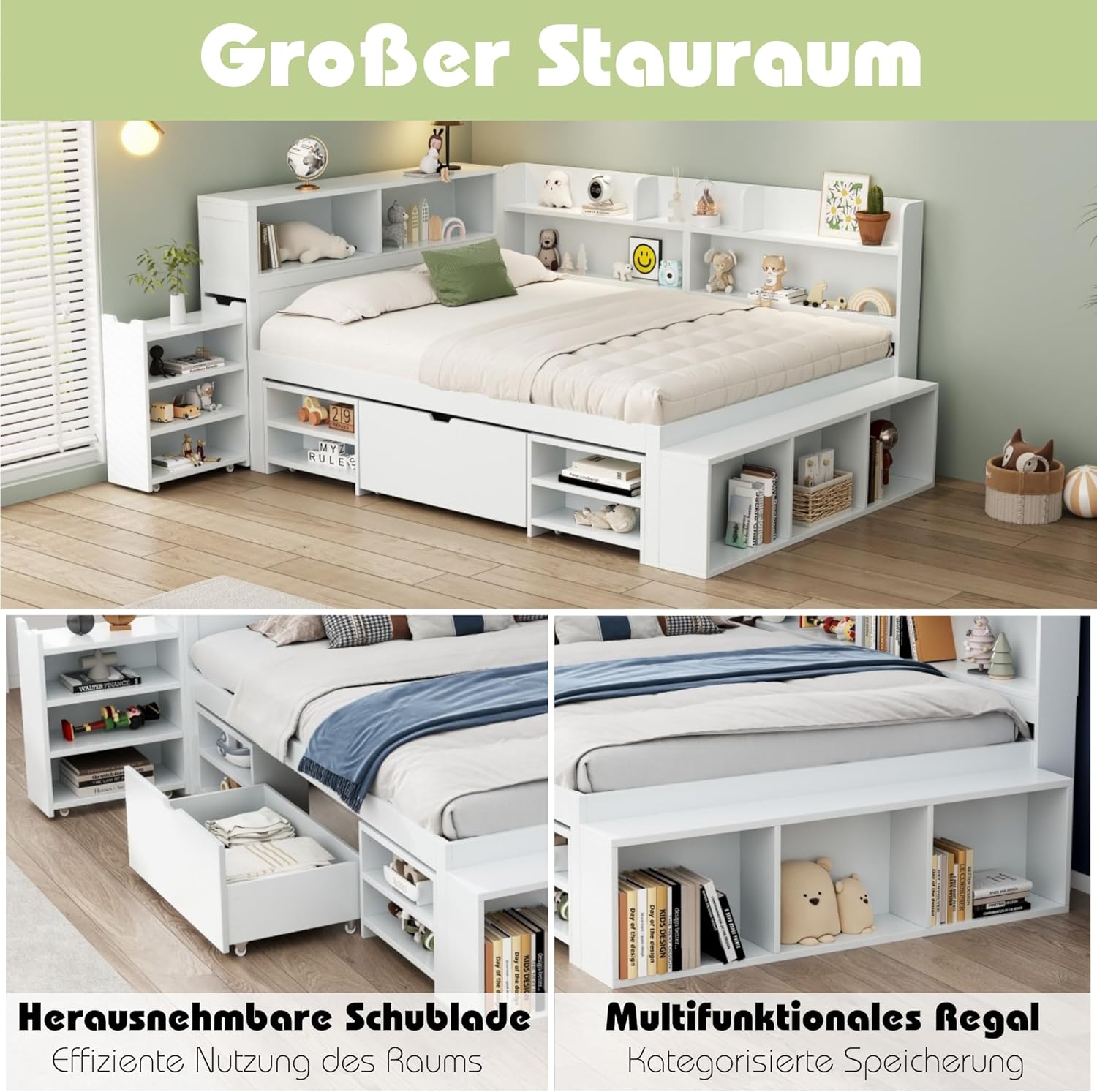 Merax Kinderbett 140x200 cm mit Lattenrost, multifunktional mit Schubladen, Bücherregal & Stauraum, Einzelbett, großer Stauraum, platzsparend, einfach zu montieren, weiß (ohne Matratze) — Ansicht 4