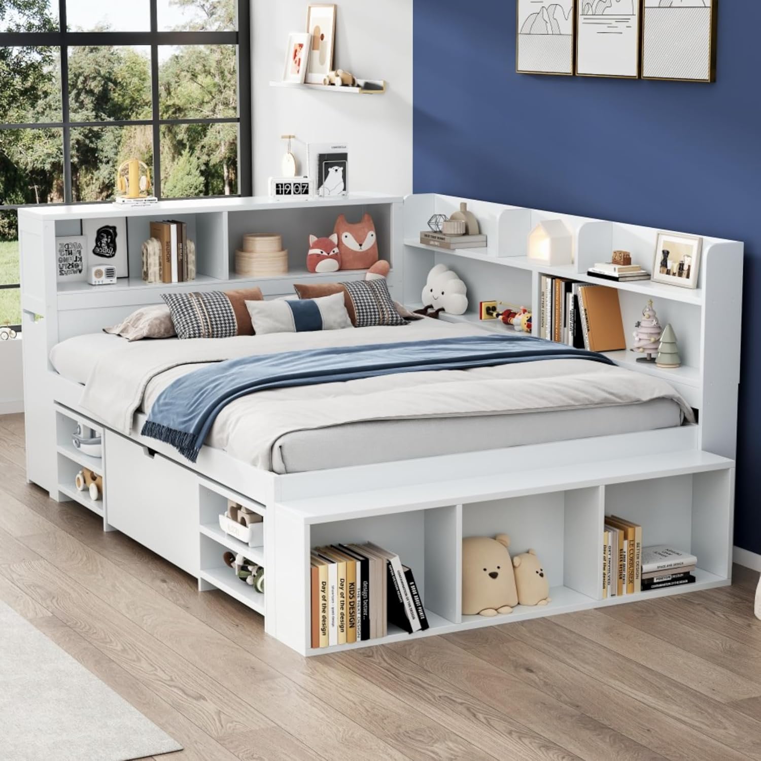 Merax Kinderbett 140x200 cm mit Lattenrost, multifunktional mit Schubladen, Bücherregal & Stauraum, Einzelbett, großer Stauraum, platzsparend, einfach zu montieren, weiß (ohne Matratze) — Ansicht 5