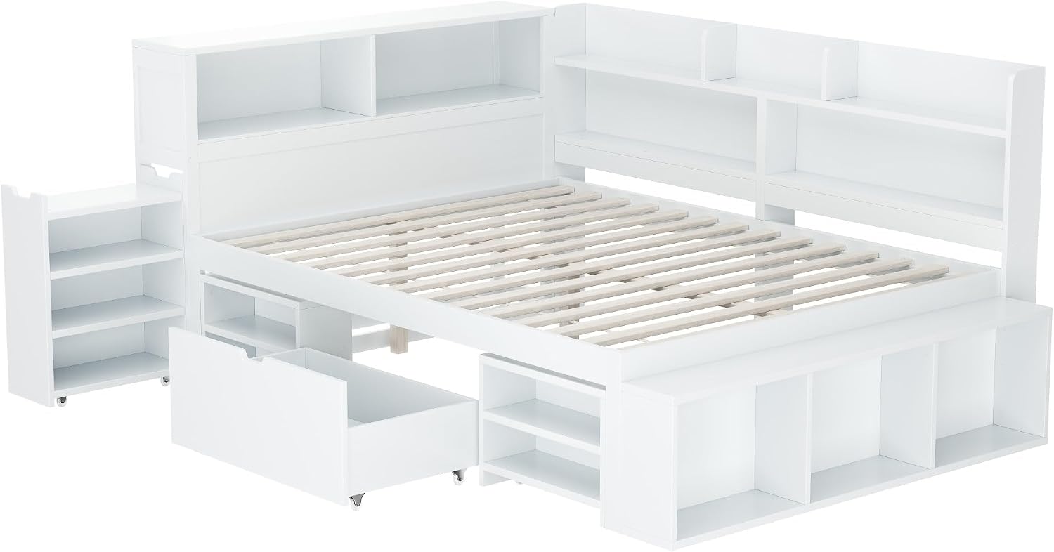 Merax Kinderbett 140x200 cm mit Lattenrost, multifunktional mit Schubladen, Bücherregal & Stauraum, Einzelbett, großer Stauraum, platzsparend, einfach zu montieren, weiß (ohne Matratze) — Ansicht 6