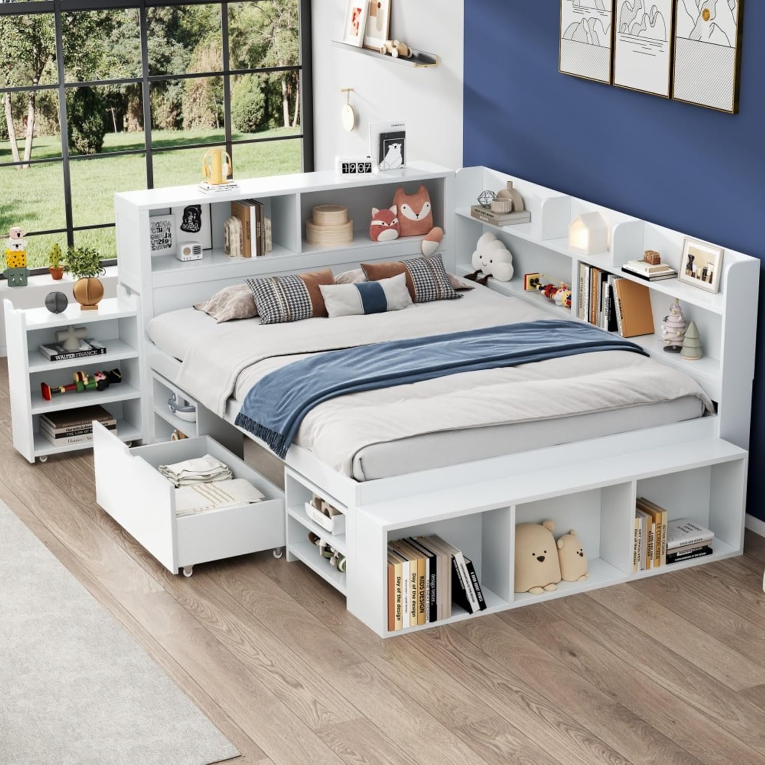 Merax Kinderbett 140x200 cm mit Lattenrost, multifunktional mit Schubladen, Bücherregal & Stauraum, Einzelbett, großer Stauraum, platzsparend, einfach zu montieren, weiß (ohne Matratze)