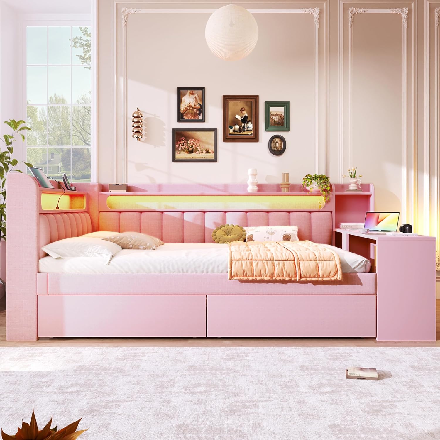 Merax Kinderbett 140x200 cm Tagesbett mit gepolstertem Kopfteil, LED-Ablagefach, Multifunktionsbett mit Schreibtisch, USB-Steckdose und 2 Schubladen, Holzbett mit Lattenrost (Ohne Matratze), Rosa — Ansicht 3