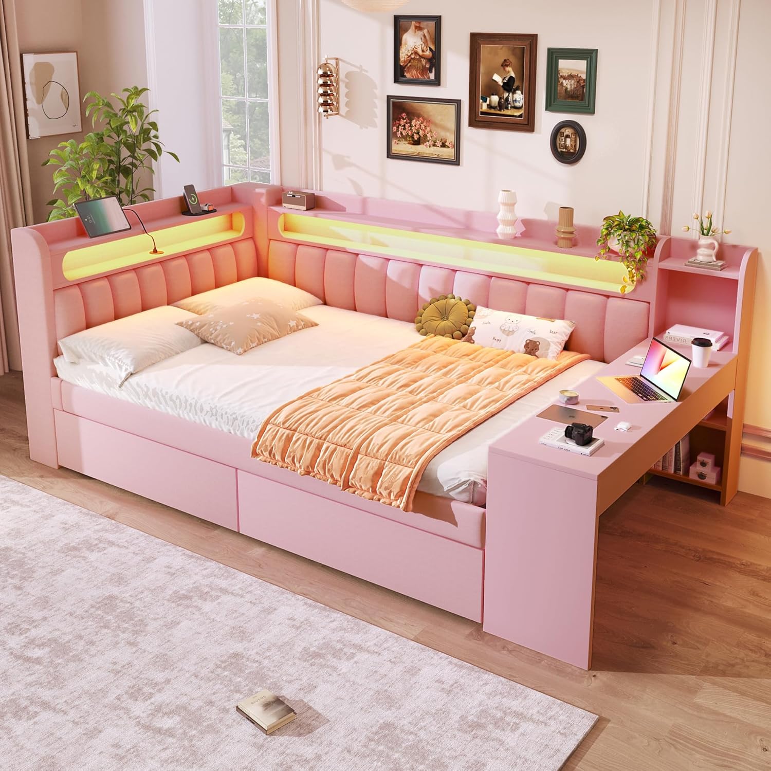 Merax Kinderbett 140x200 cm Tagesbett mit gepolstertem Kopfteil, LED-Ablagefach, Multifunktionsbett mit Schreibtisch, USB-Steckdose und 2 Schubladen, Holzbett mit Lattenrost (Ohne Matratze), Rosa — Ansicht 4