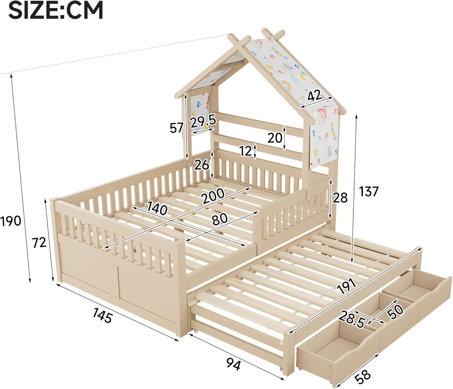 Merax Kinderbett 140x200 Hausbett mit Ausziehbett und 3 Schubladen, Jugendbett mit Rausfallschutz und Stauraum, Stabiles Holzbett mit Stoffdach für Kinder & Jugendliche, Kiefernholz, Weiß — Ansicht 2